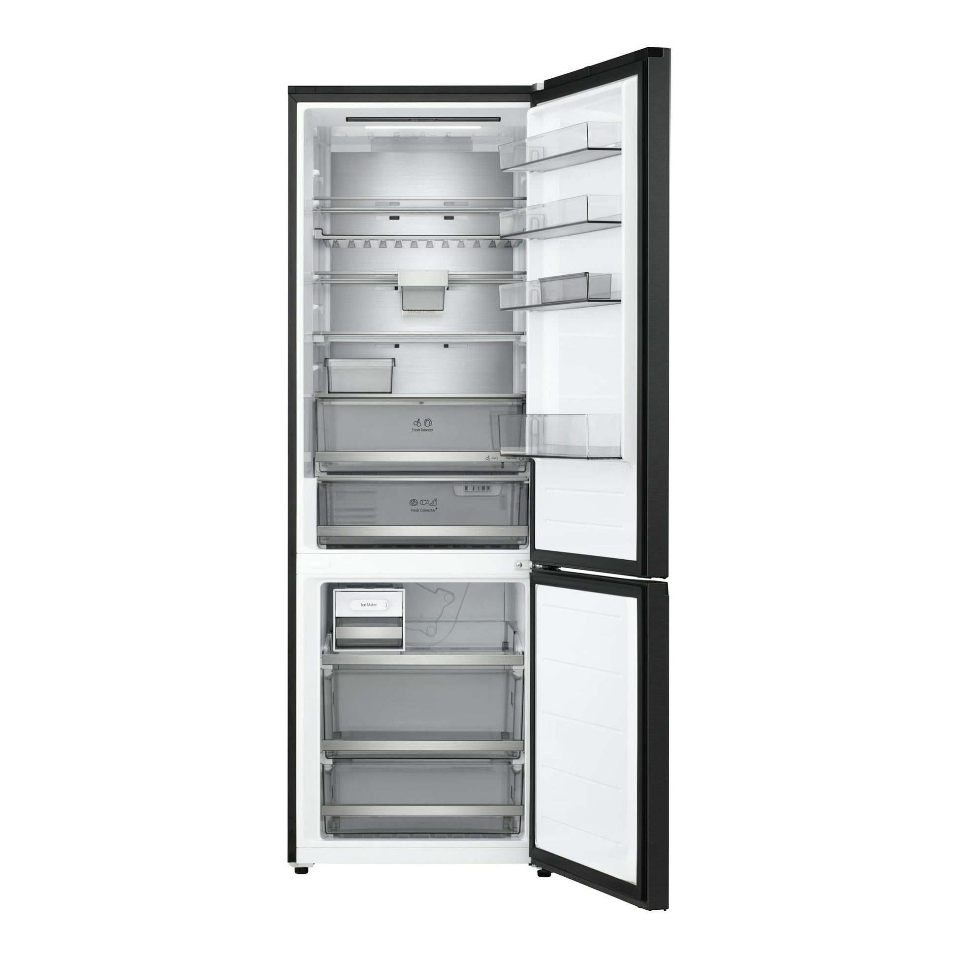 Frigorífico combi LG GBBW726CEV negro, vista frontal con puertas abiertas y compartimentos interiores visibles.