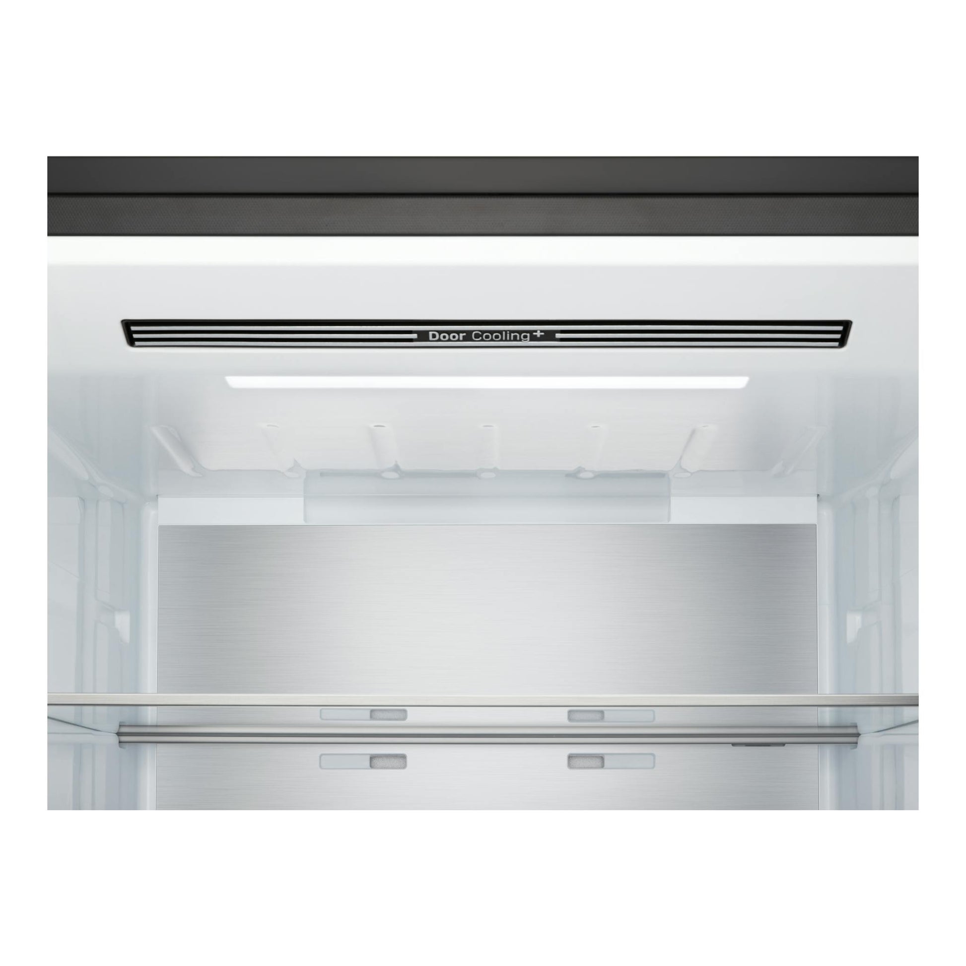 Frigorífico LG GBBW726CEV, vista frontal interior en blanco, panel gris y sello Door Cooling+.