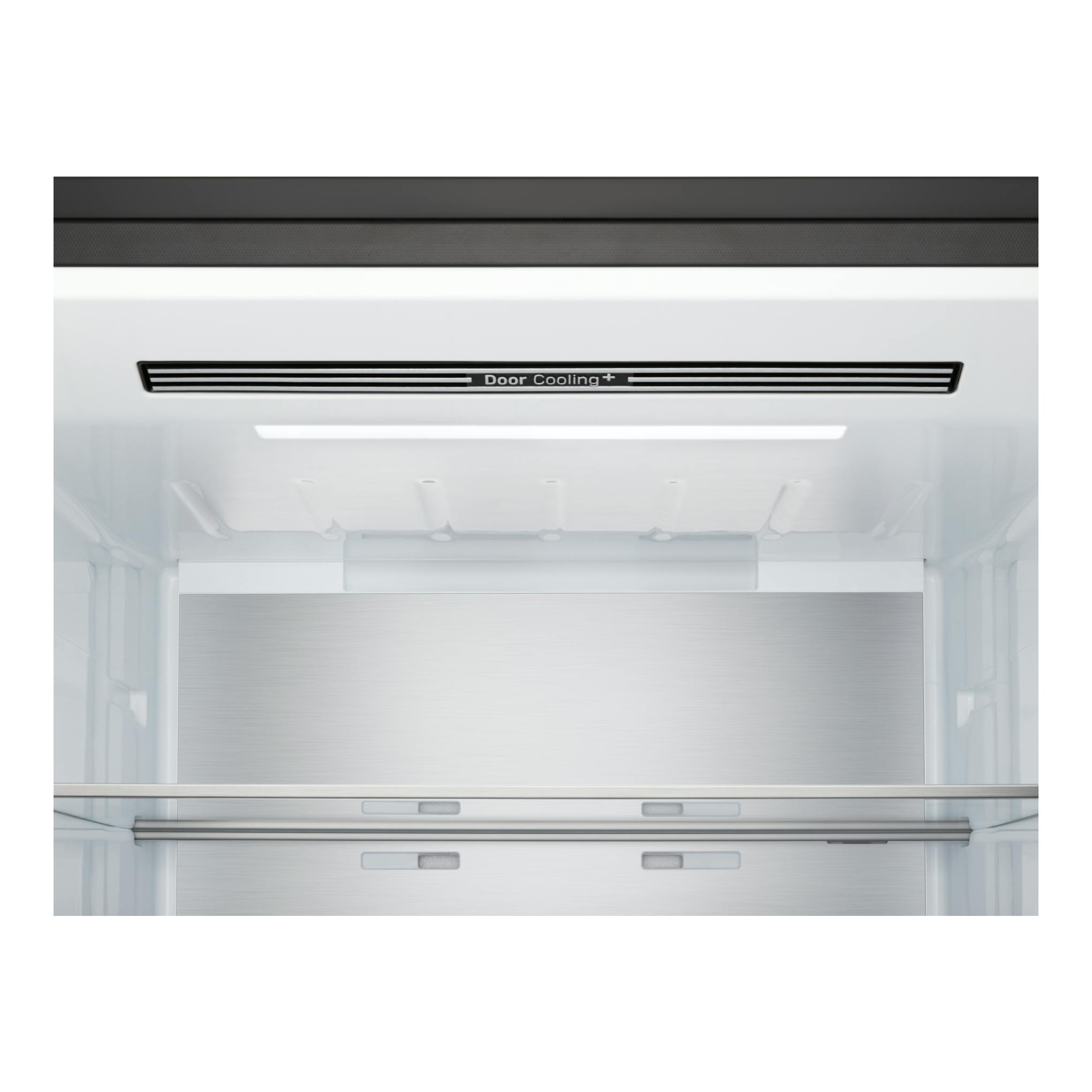 Frigorífico LG GBBW726CEV, vista frontal interior en blanco, panel gris y sello Door Cooling+.