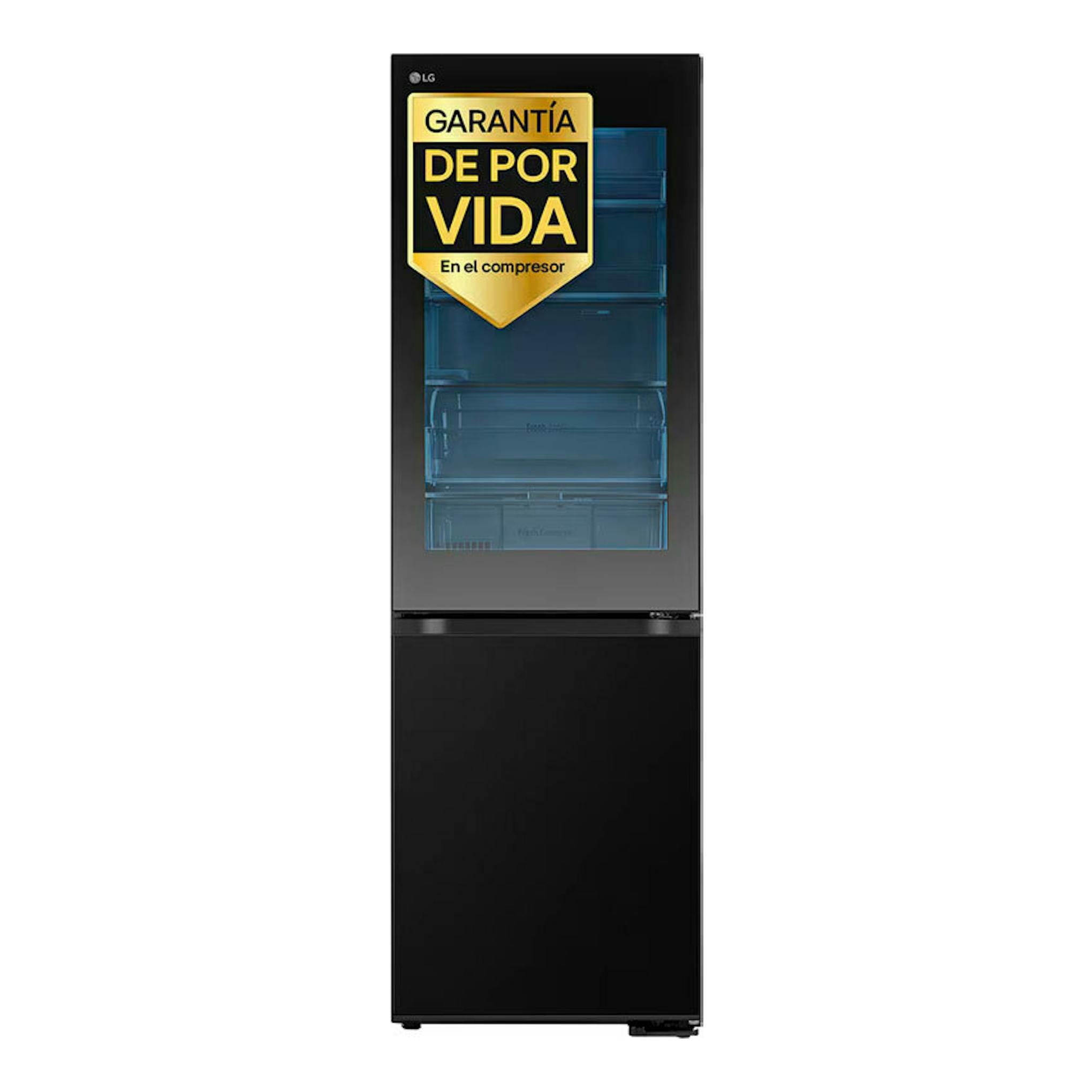 Frigorífico combi LG GBG5160CEV negro, vista frontal, con puerta superior de cristal y etiqueta amarilla.