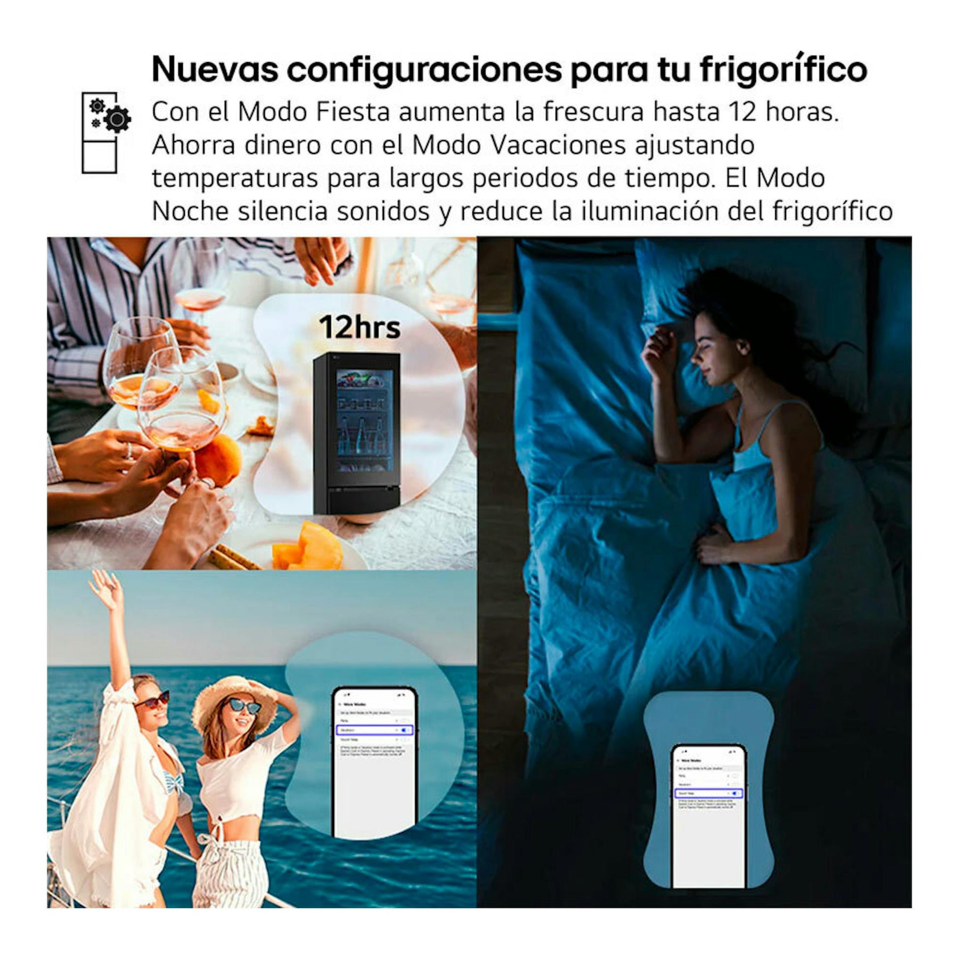 Infografía del frigorífico LG GBG5160CEV en acero negro con modos Fiesta, Vacaciones y Noche.