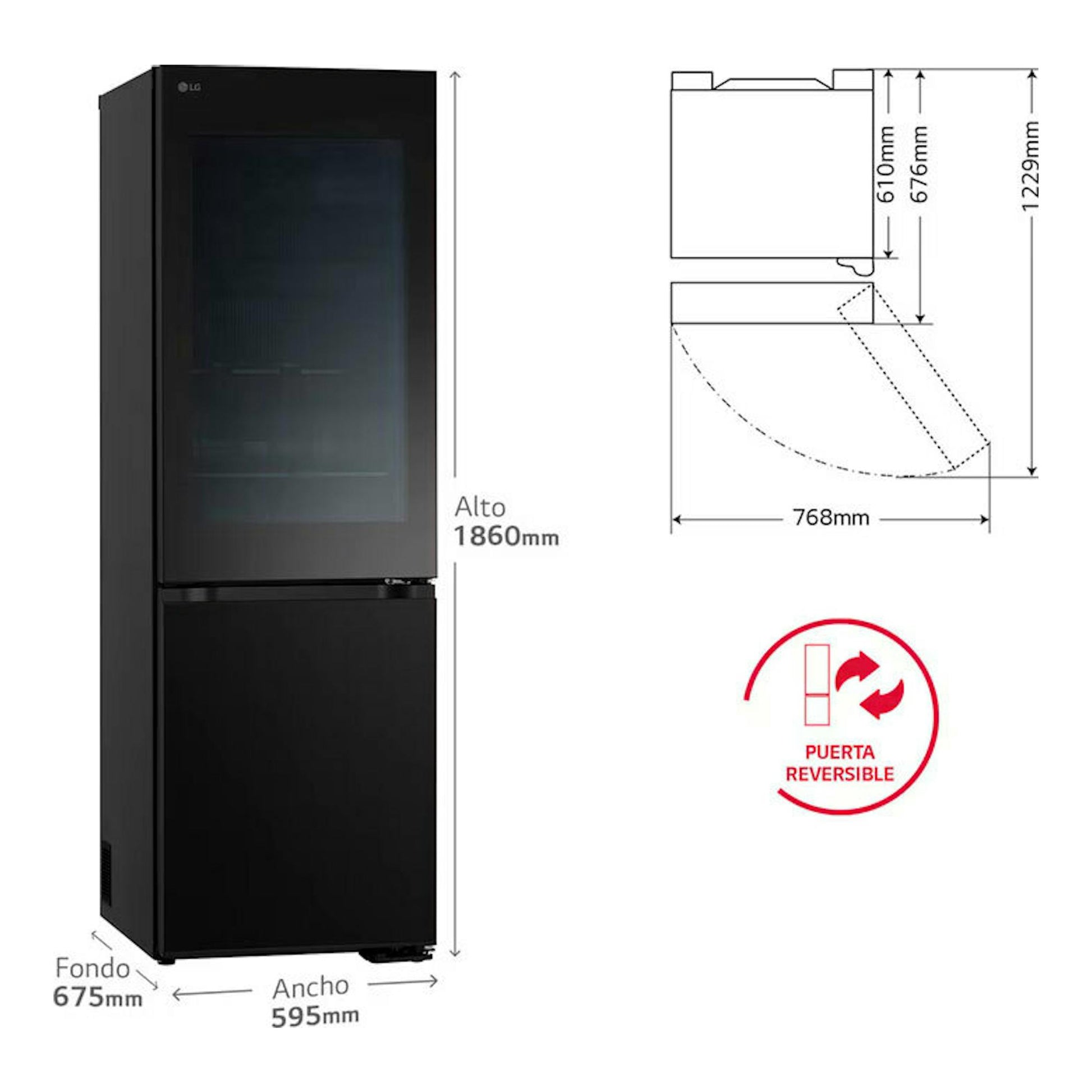 Frigorífico combi LG GBG5160CEV negro, vista frontal, con medidas y puerta reversible.