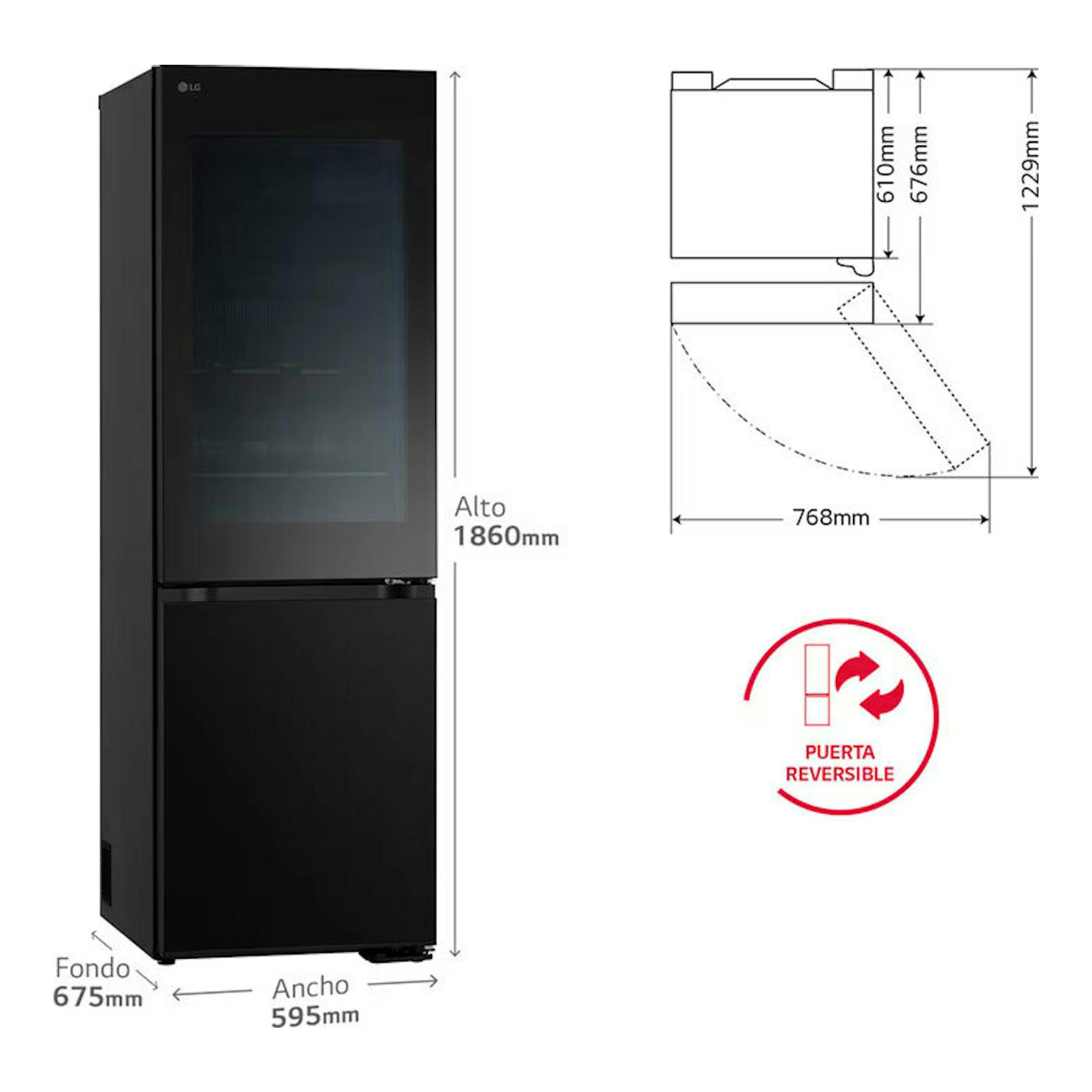 Frigorífico combi LG GBG5160CEV negro, vista frontal, con medidas y puerta reversible.