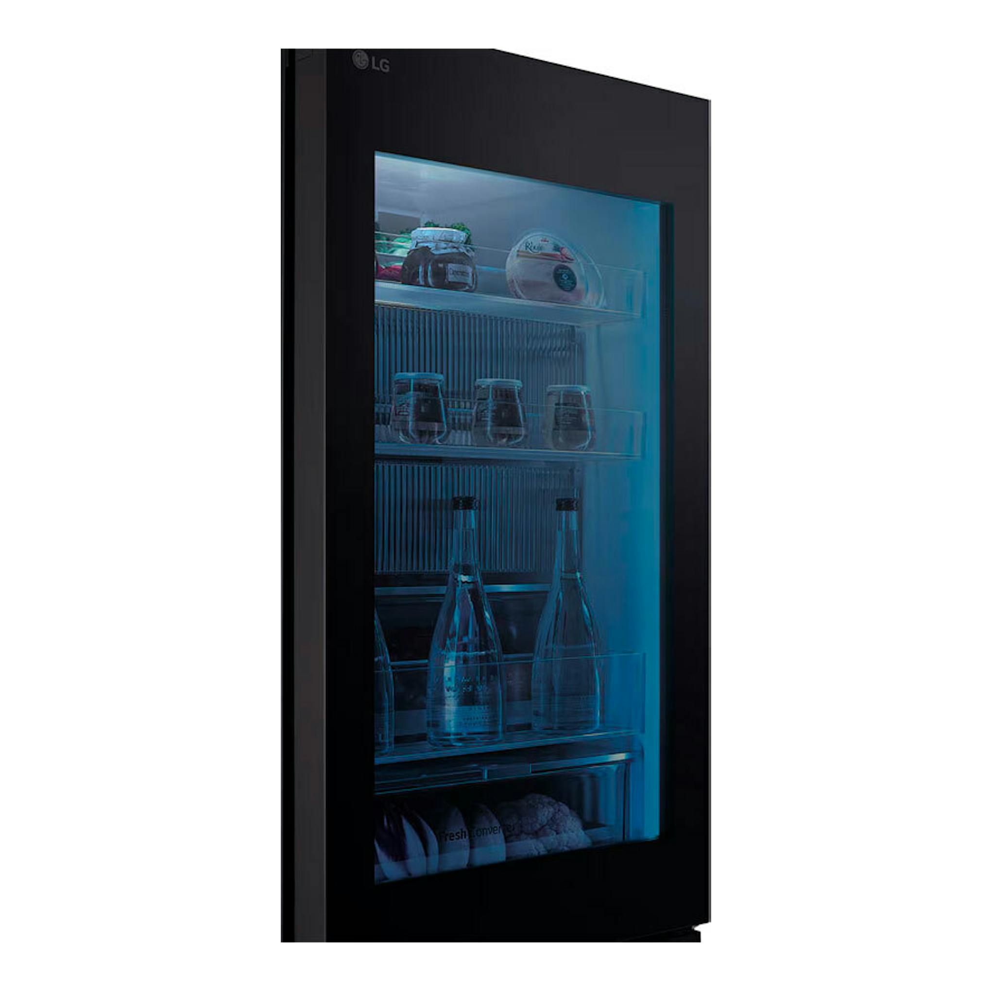 Frigorífico combi LG GBG5160CEV en acero negro, vista frontal con puerta de cristal e interior iluminado.