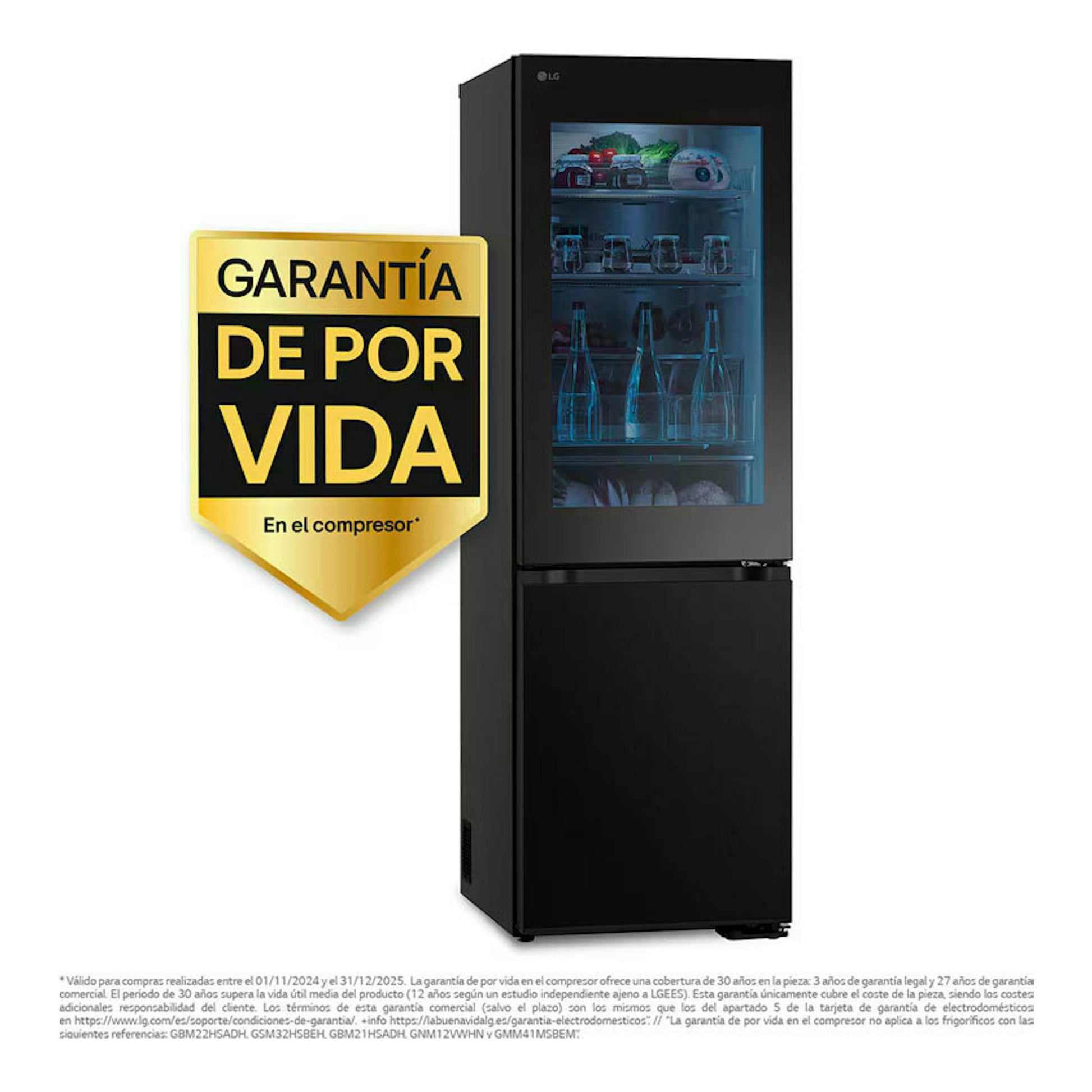 Frigorífico combi LG GBG5160CEV negro, vista frontal, con puerta superior de cristal y placa de garantía.