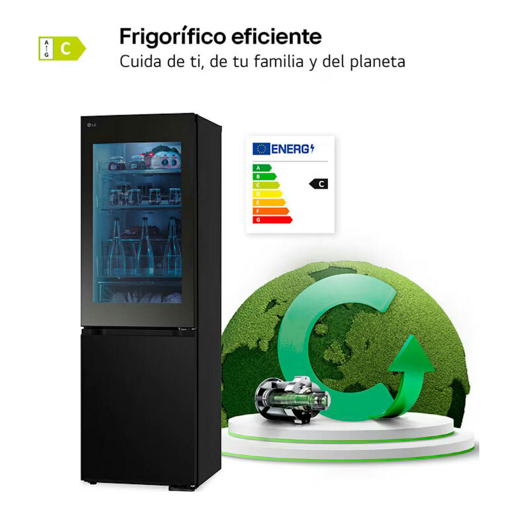 Frigorífico combi LG GBG5160CEV negro, vista frontal, con puerta superior de cristal y etiqueta energética C.