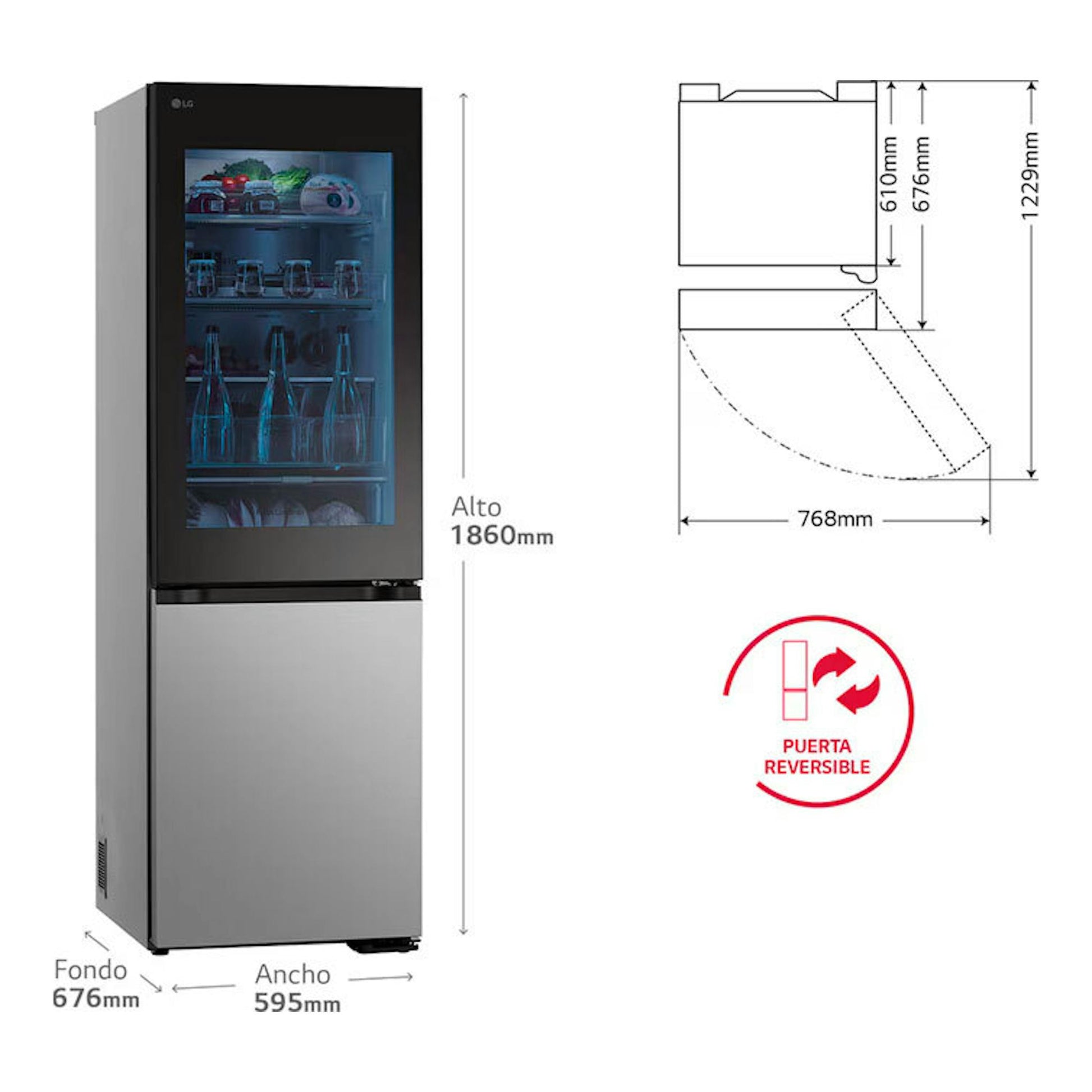 Frigorífico combi LG GBG5160CPY inox, vista frontal, con medidas y puerta reversible.