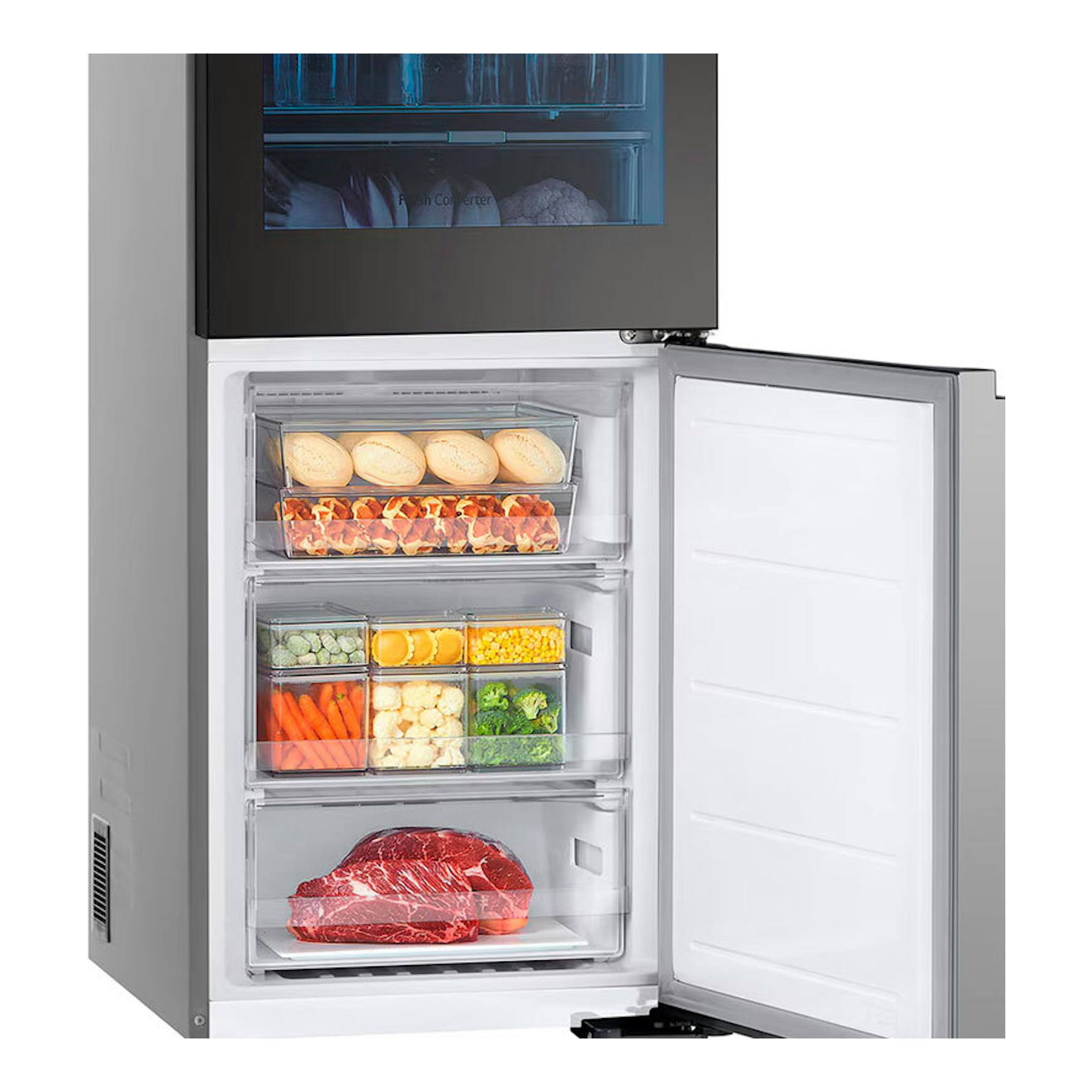 Frigorífico combi LG GBG5160CPY inox, vista frontal abierta con cajones del congelador y alimentos.