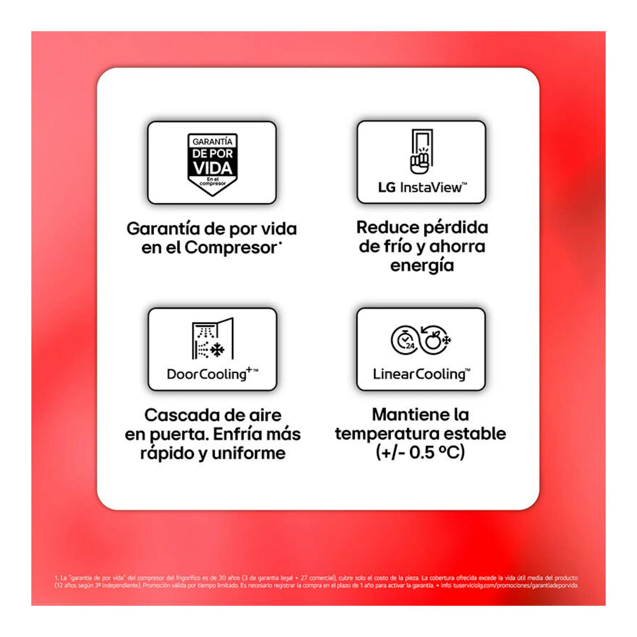 Infografía de LG GBG5160CPY Inox con iconos de InstaView, DoorCooling y LinearCooling.