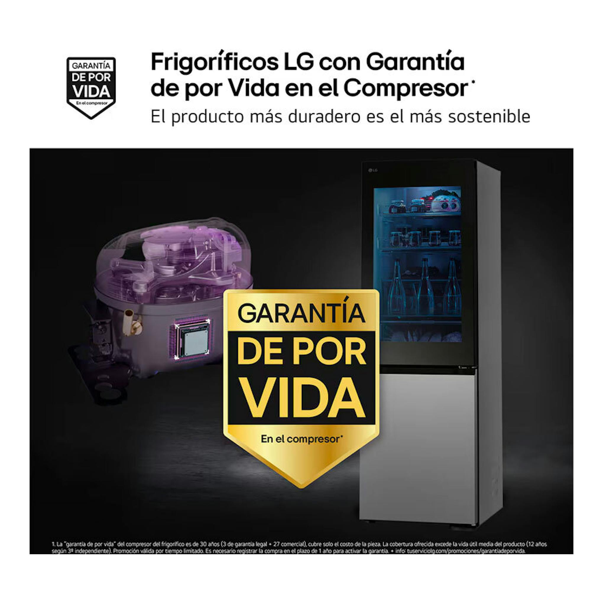 Frigorífico combi LG GBG5160CPY inox, vista frontal en 3/4, con puerta superior de cristal y fondo oscuro.
