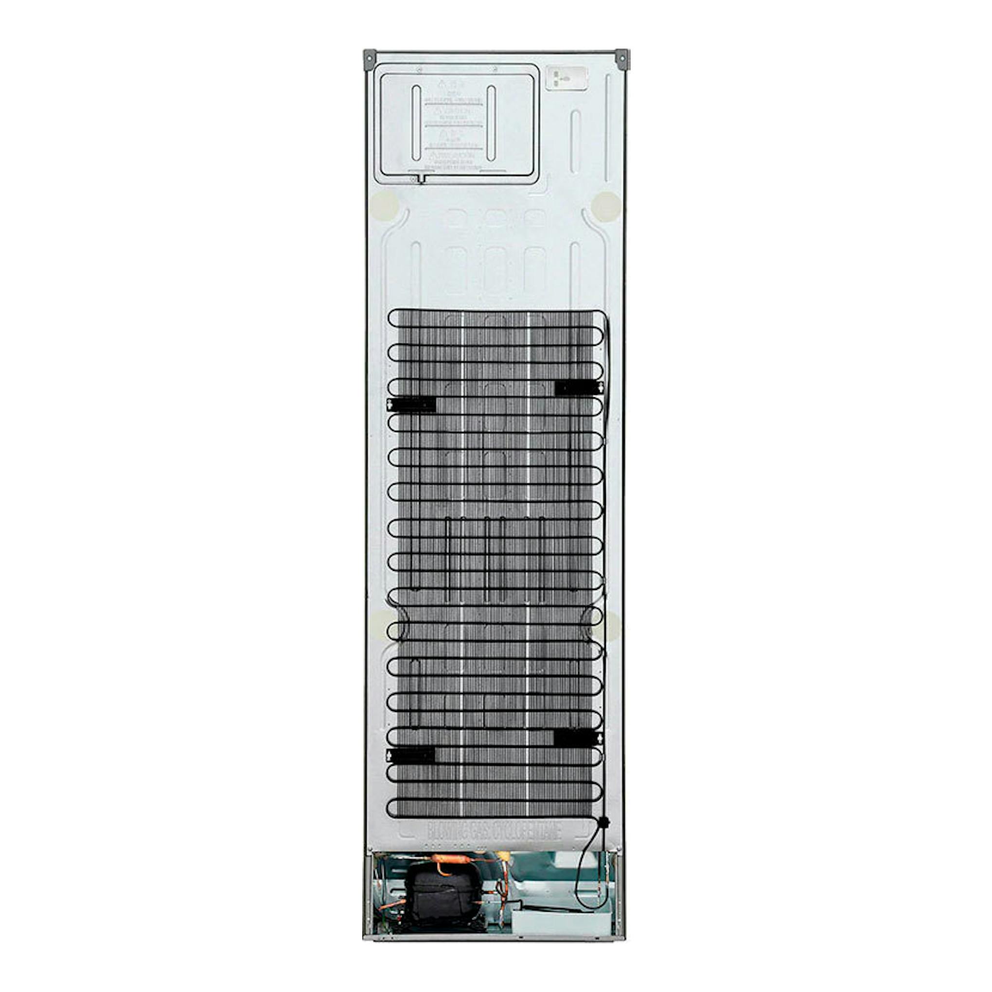 Vista trasera de frigorífico combi LG GBP62DSNGN inox, con rejilla negra y panel metálico.