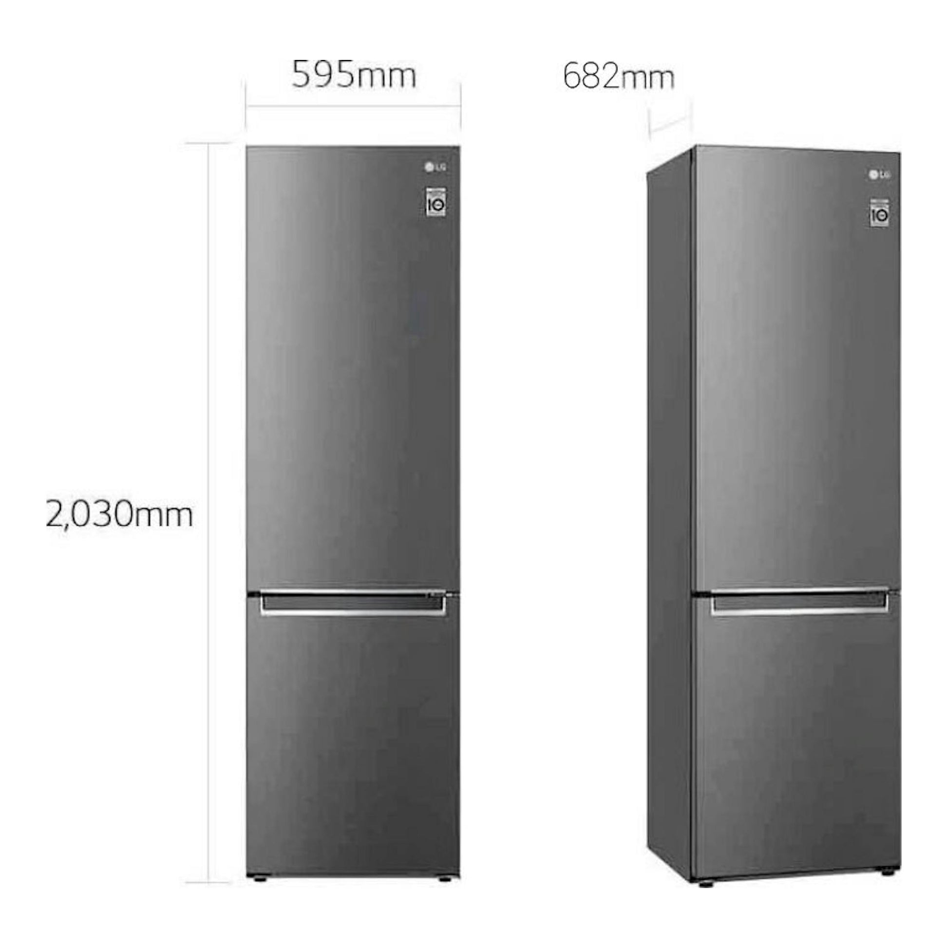 Frigorífico combi LG GBP62DSNGN inox, vista frontal y lateral, con medidas 2030 x 595 x 682 mm.