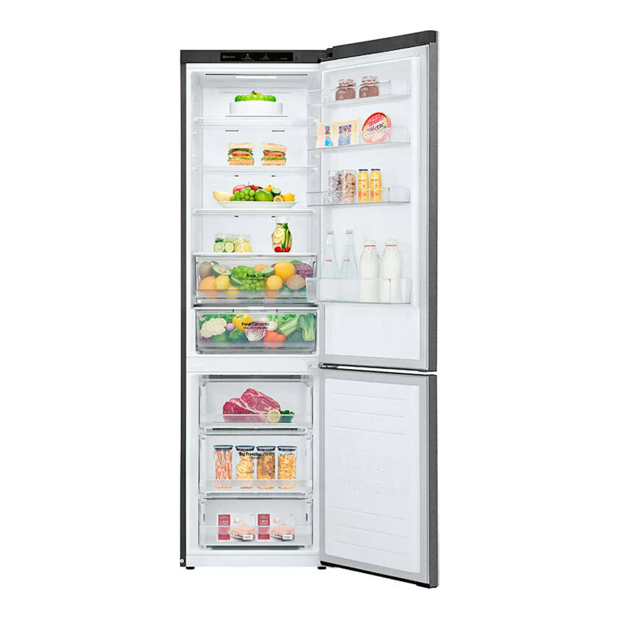 Frigorífico combi LG GBP62DSNGN inox, vista frontal con puertas abiertas y compartimentos interiores.