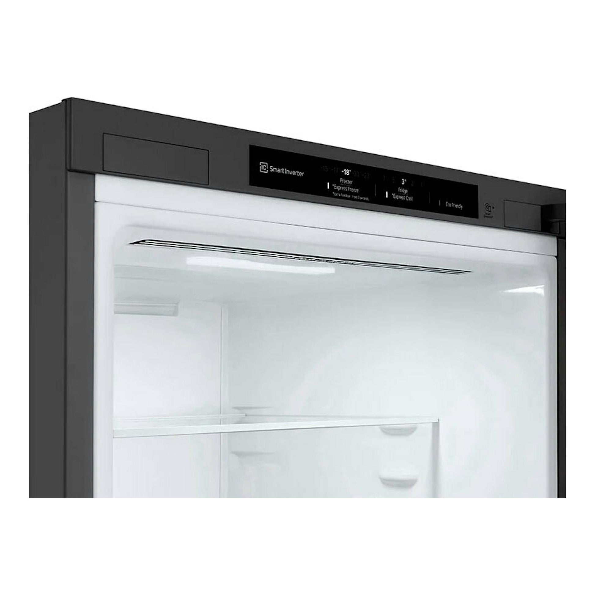 Frigorífico combi LG GBP62DSNGN inox, vista frontal parcial con puerta y panel superior negros.