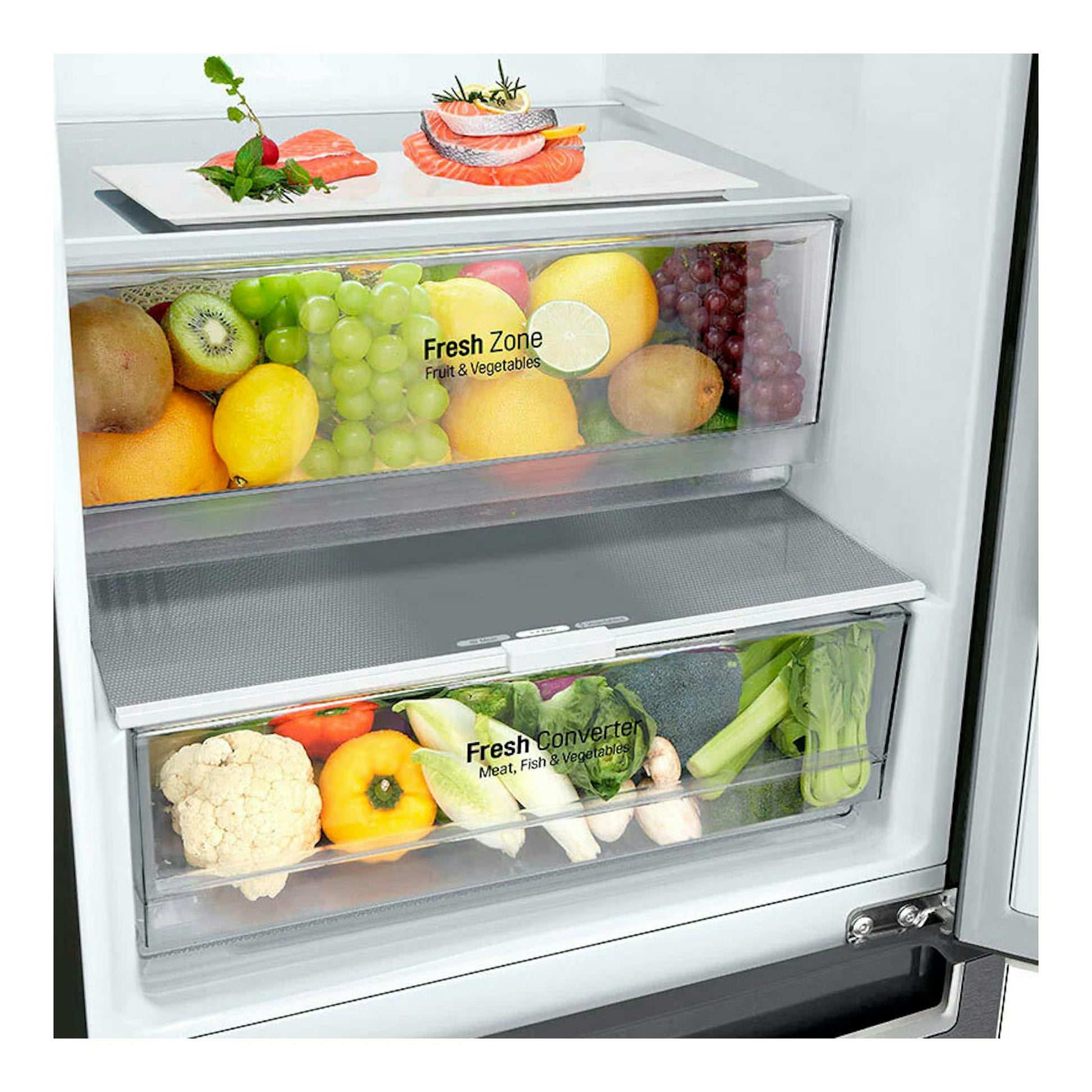 Interior de frigorífico combi LG GBP62DSNGN inox, con cajones Fresh Zone y Fresh Converter con fruta y verdura.