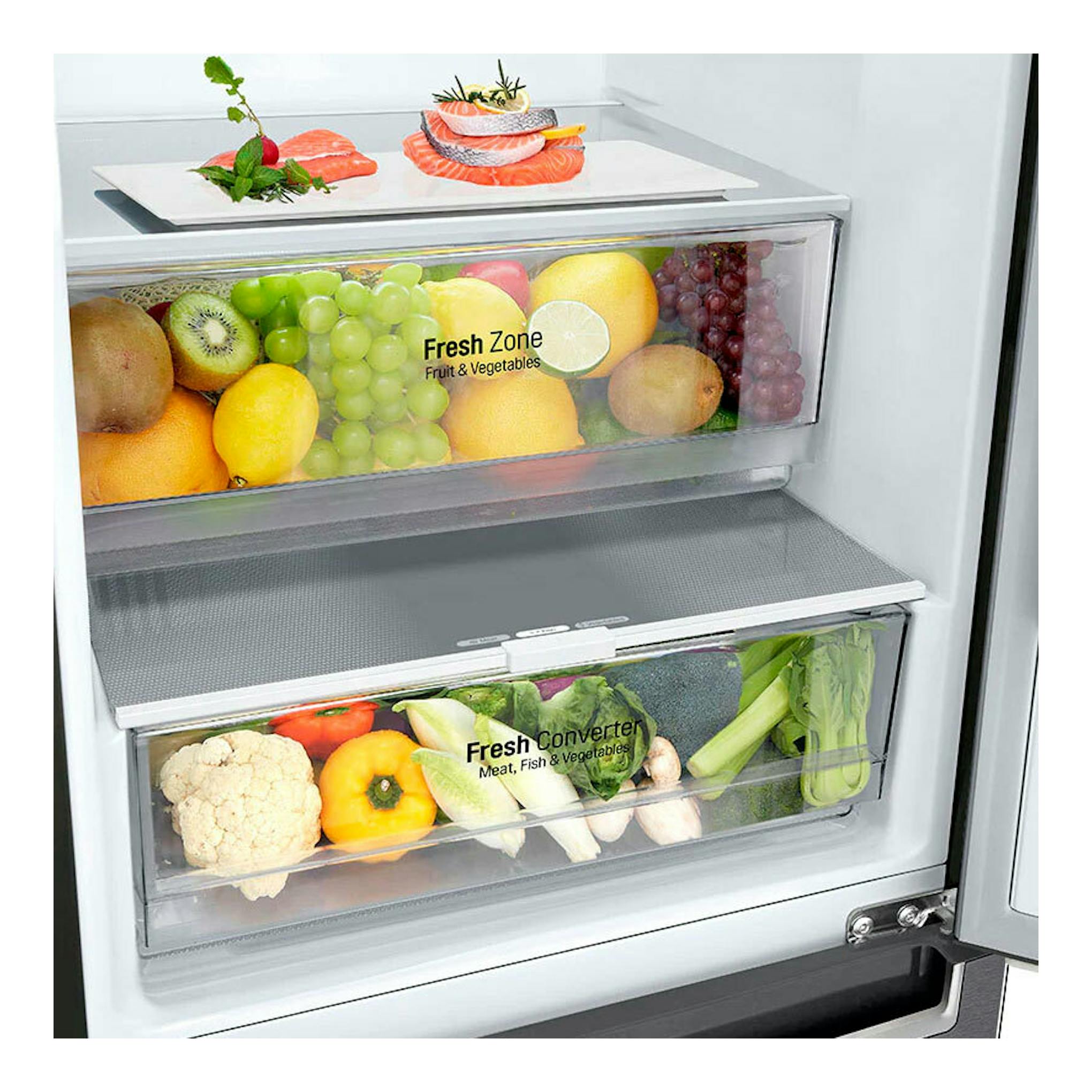 Interior de frigorífico combi LG GBP62DSNGN inox, con cajones Fresh Zone y Fresh Converter con fruta y verdura.