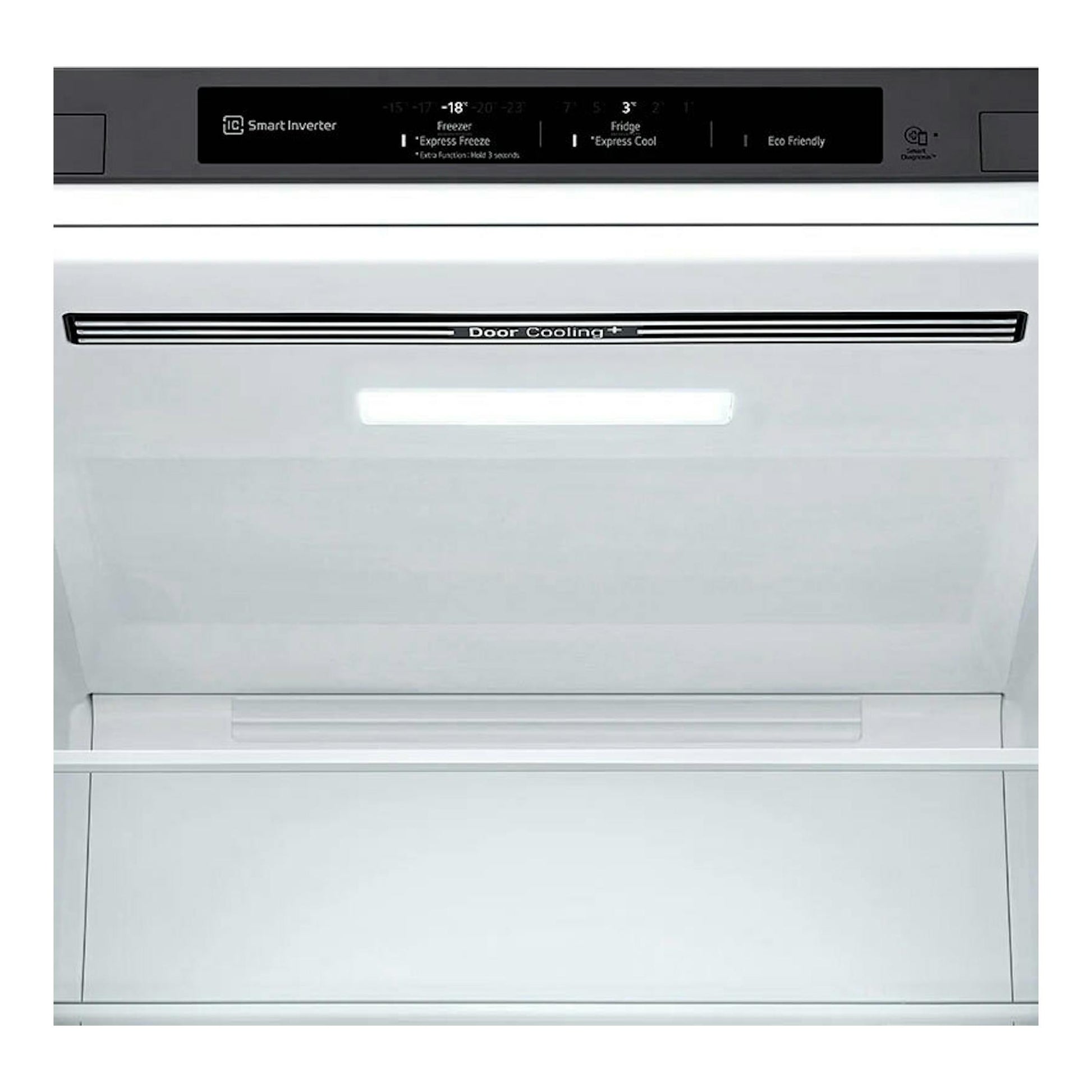 Interior de frigorífico combi LG GBP62DSNGN inox, vista frontal del panel superior y Door Cooling+.