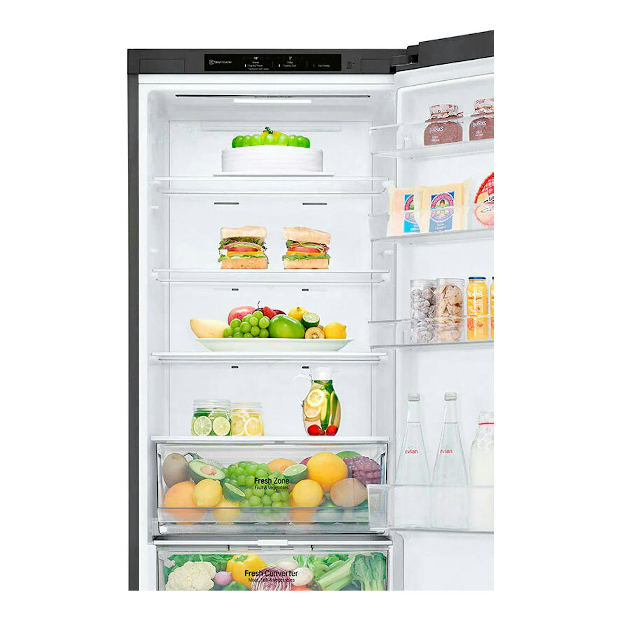 Frigorífico combi LG GBP62DSNGN Inox abierto, vista frontal del interior con estantes y cajones.
