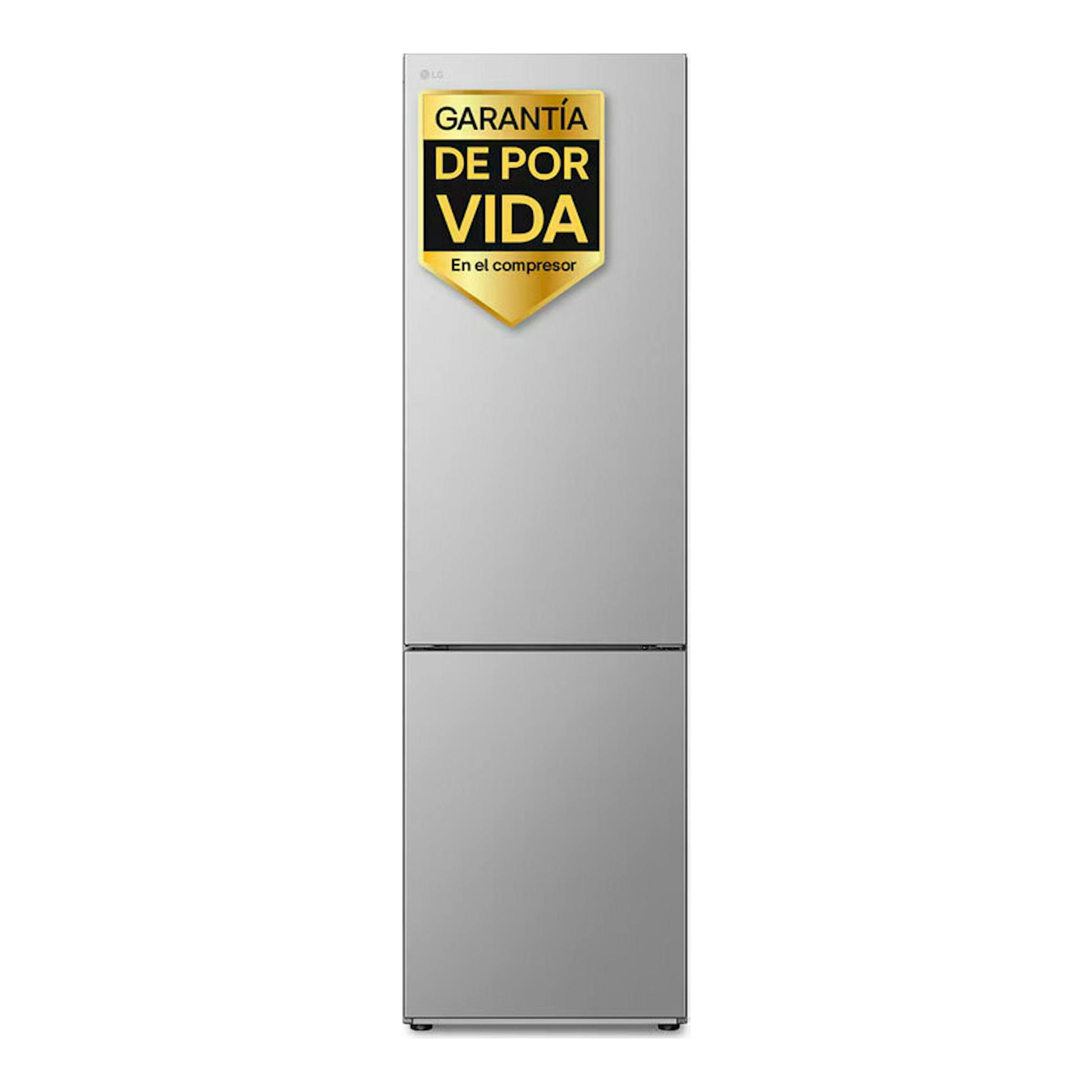 Frigorífico combi LG GBV21NCDPY inox, vista frontal, con pegatina de garantía en la puerta superior.