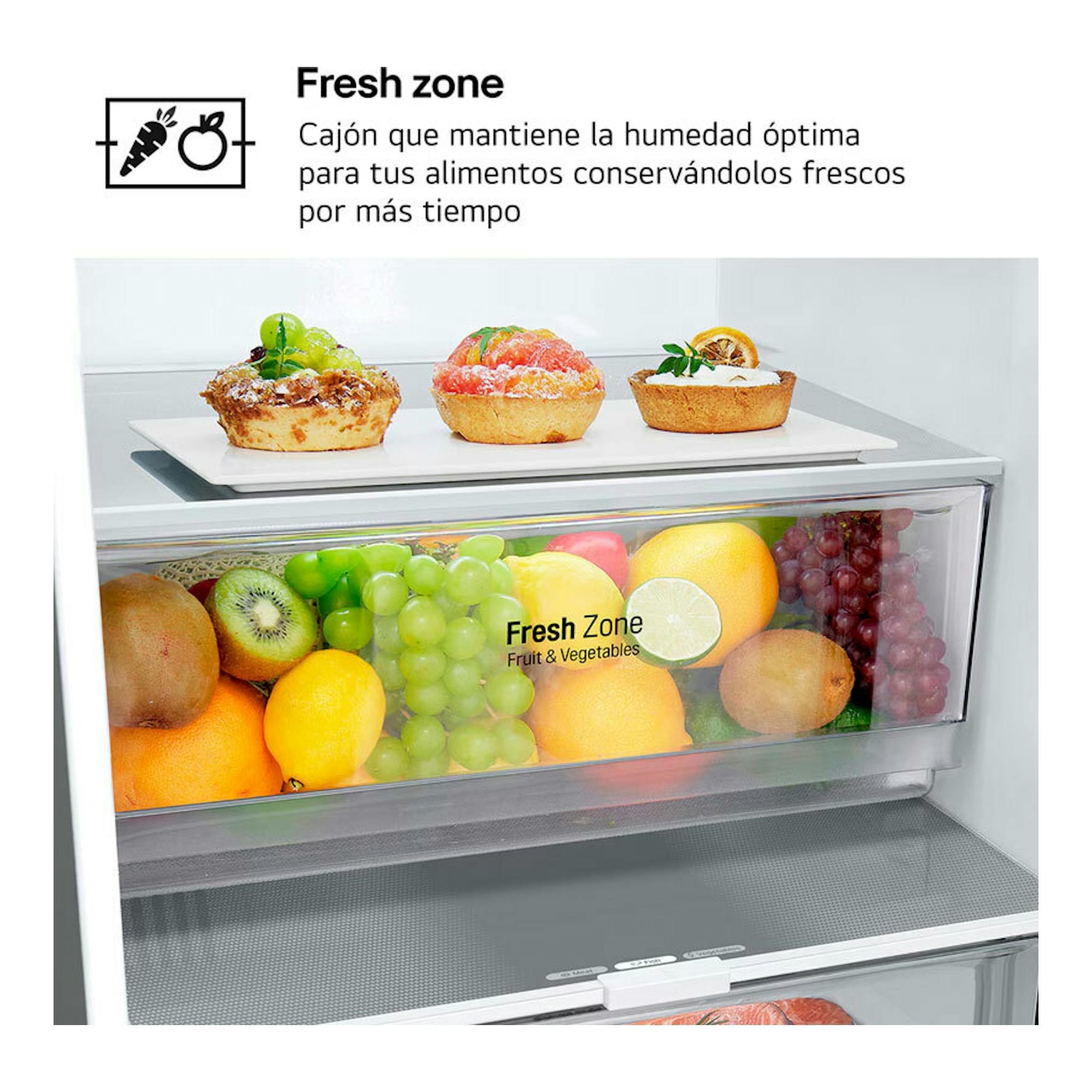 Interior de frigorífico combi LG GBV21NCDPY inox, vista frontal, con cajón Fresh Zone y frutas.