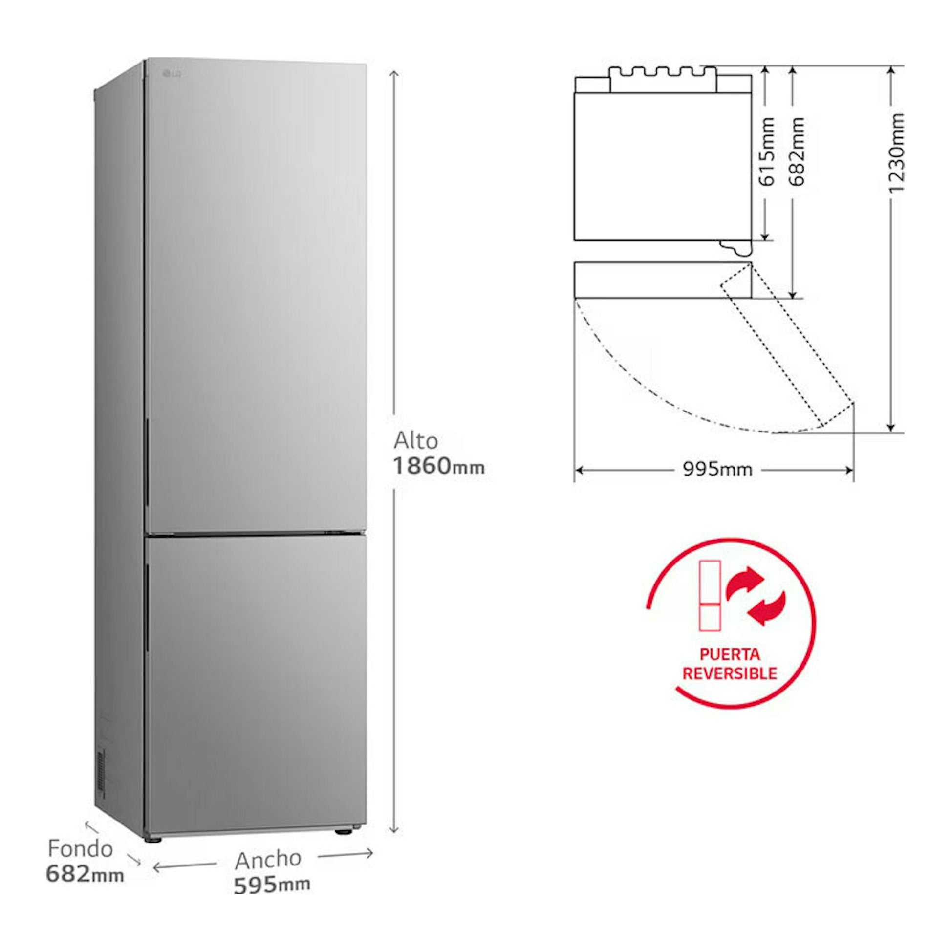 Frigorífico combi LG GBV21NCDPY inox, vista frontal, con esquema de medidas y puerta reversible.