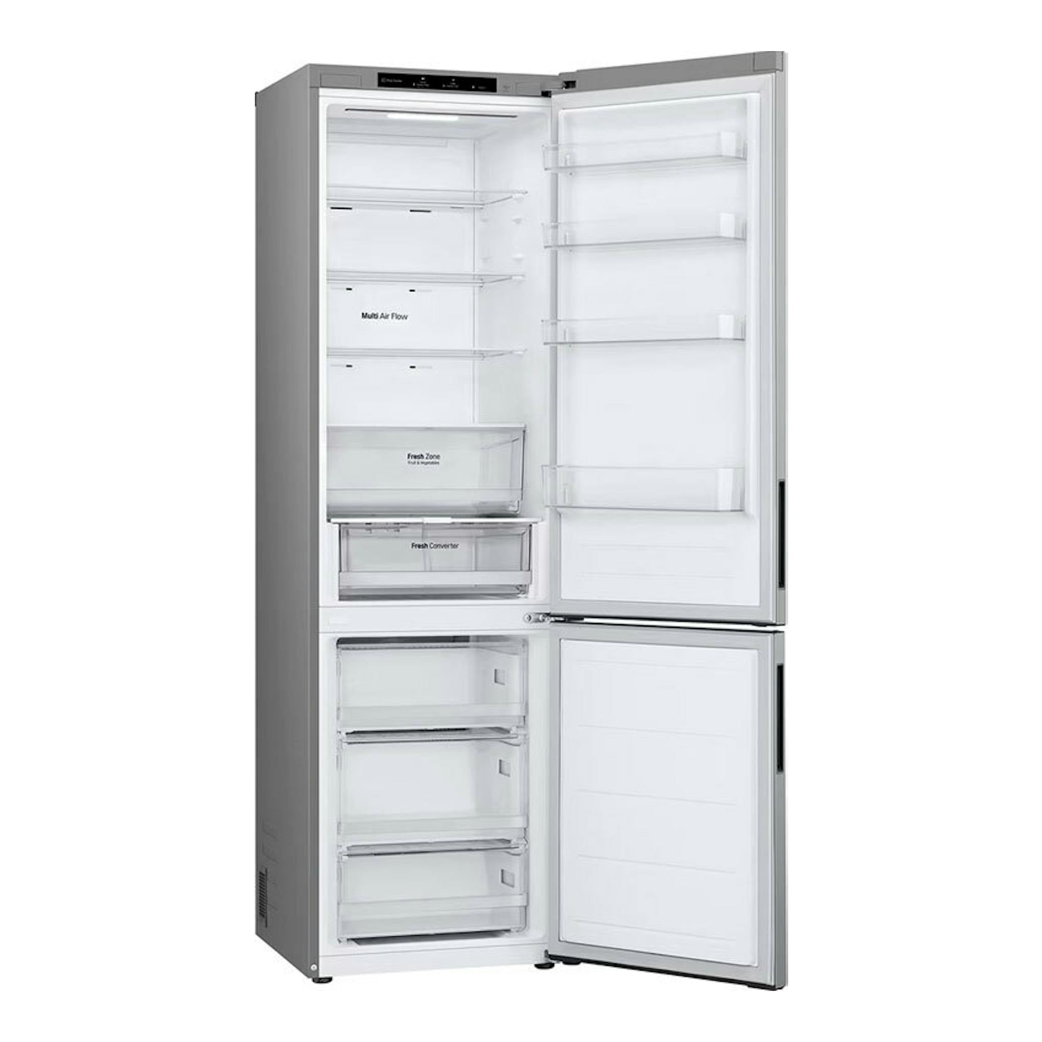 Frigorífico combi LG GBV21NCDPY inox, vista frontal con puertas abiertas.