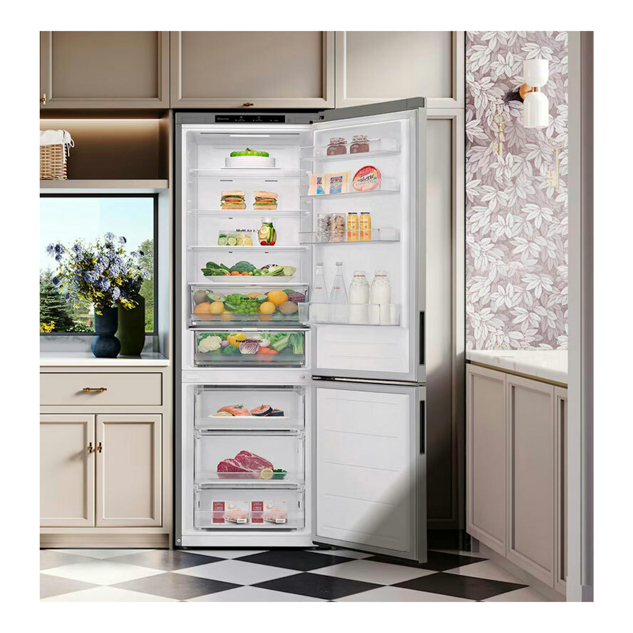 Frigorífico combi LG GBV21NCDPY inox, vista frontal con puertas abiertas en una cocina.