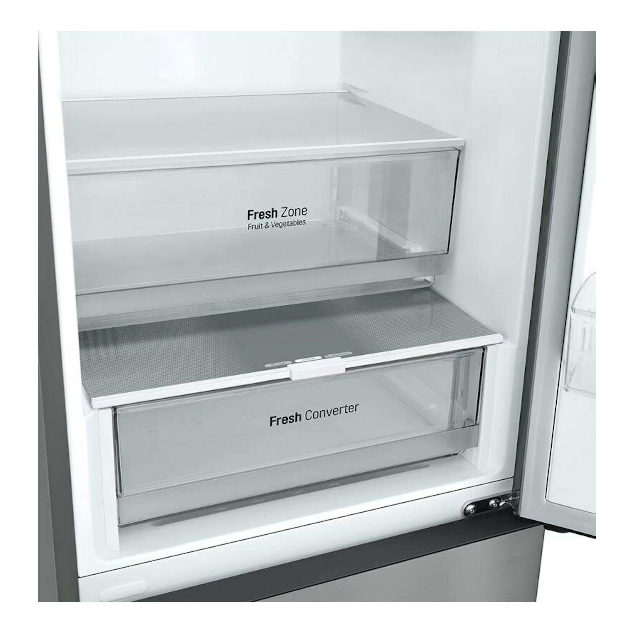 Interior de frigorífico combi LG GBV21NCDPY inox, con cajones Fresh Zone y Fresh Converter.