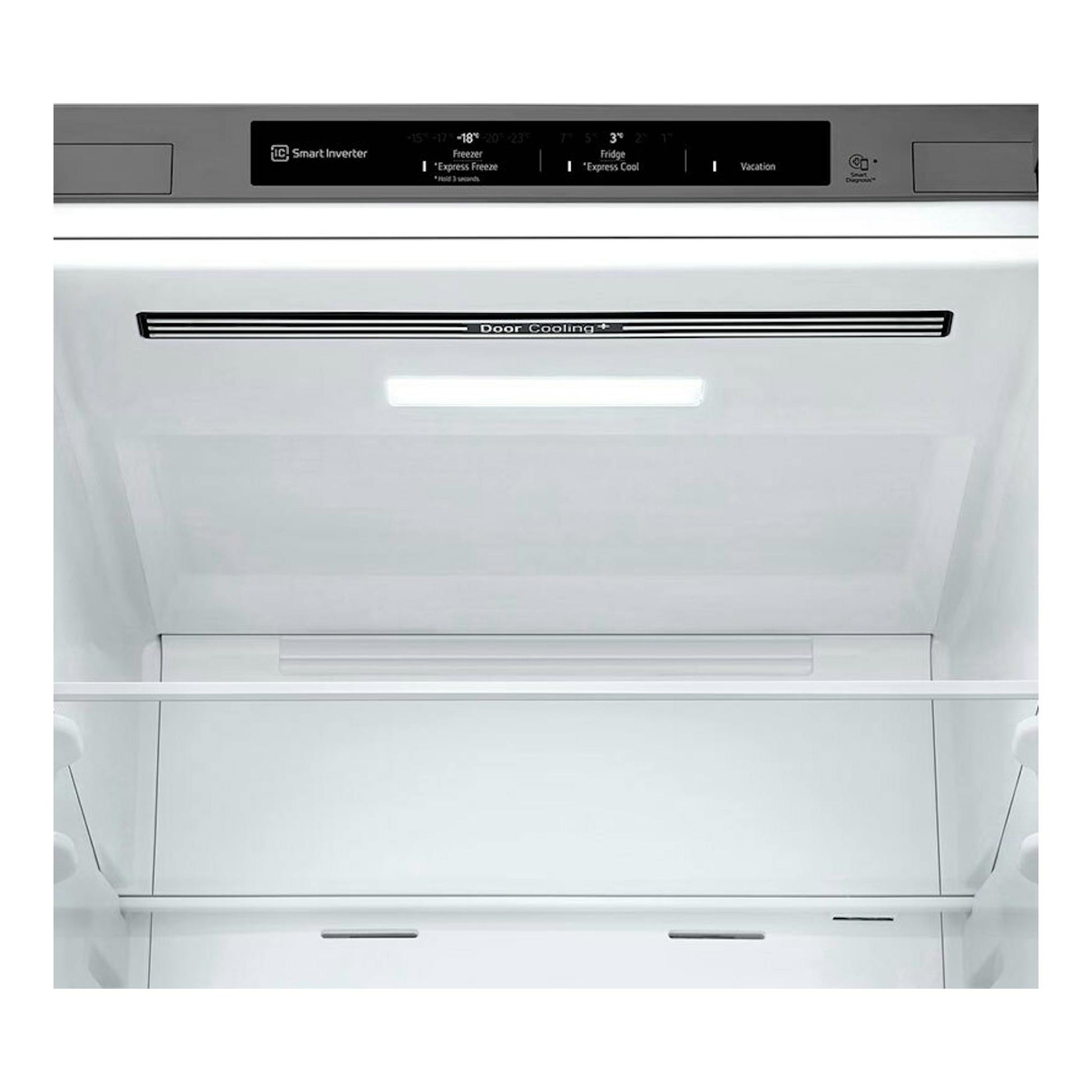Frigorífico combi LG GBV21NCDPY inox, vista interior frontal, vacío, con panel superior y luz.