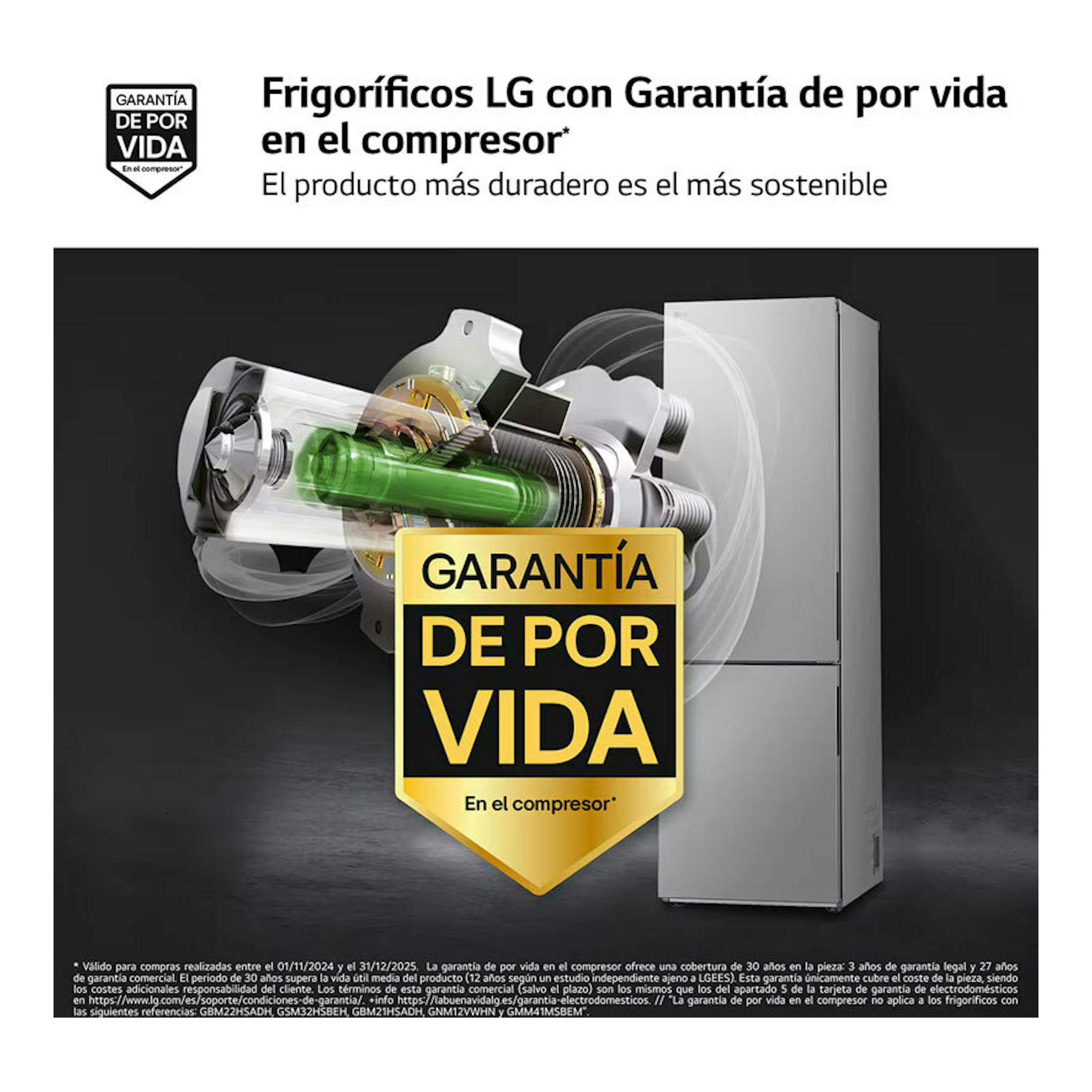 Frigorífico combi LG GBV21NCDPY inox, vista frontal, con dos puertas y texto de garantía de por vida.