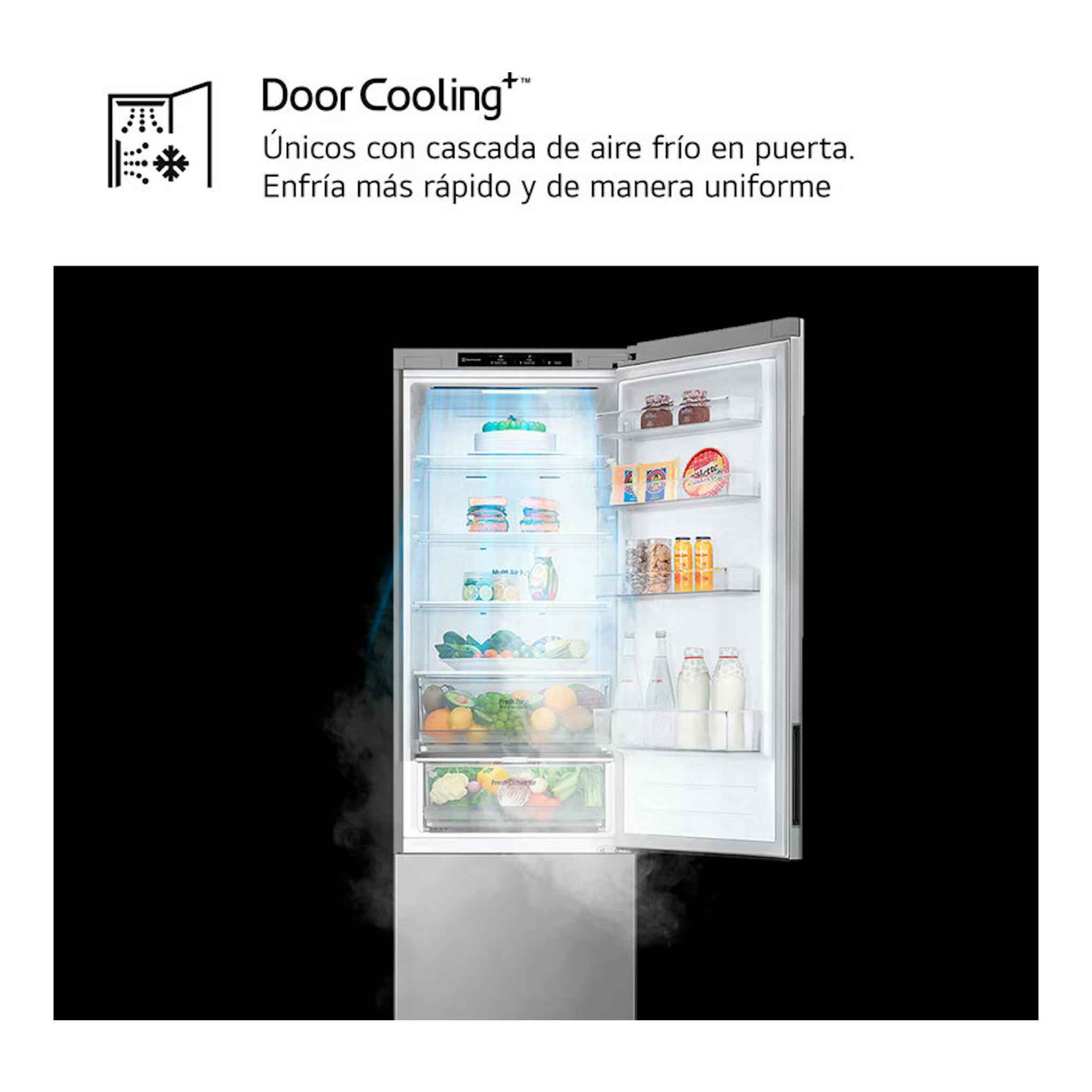 Frigorífico combi LG GBV21NCDPY inox, vista frontal con la puerta abierta y estantes visibles.