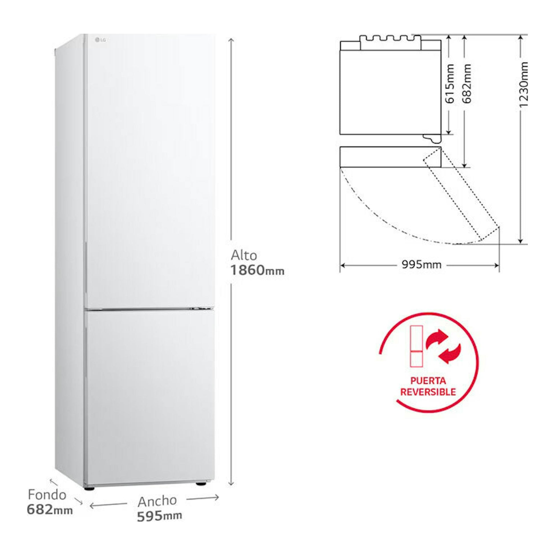 Frigorífico combi LG GBV21NCDSW blanco, vista frontal con medidas y puerta reversible.