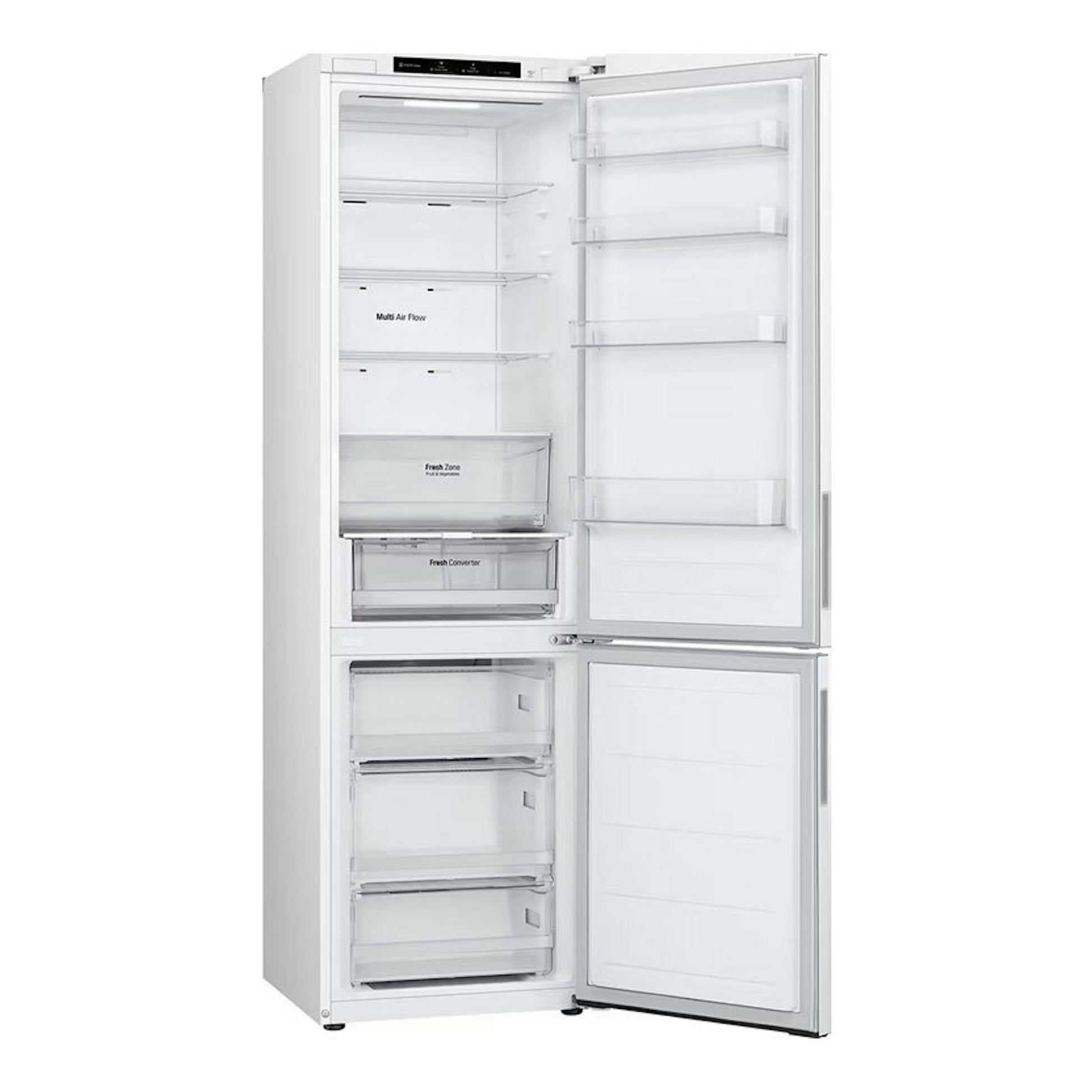 Frigorífico combi LG GBV21NCDSW blanco, vista frontal con puertas abiertas y compartimentos interiores visibles.