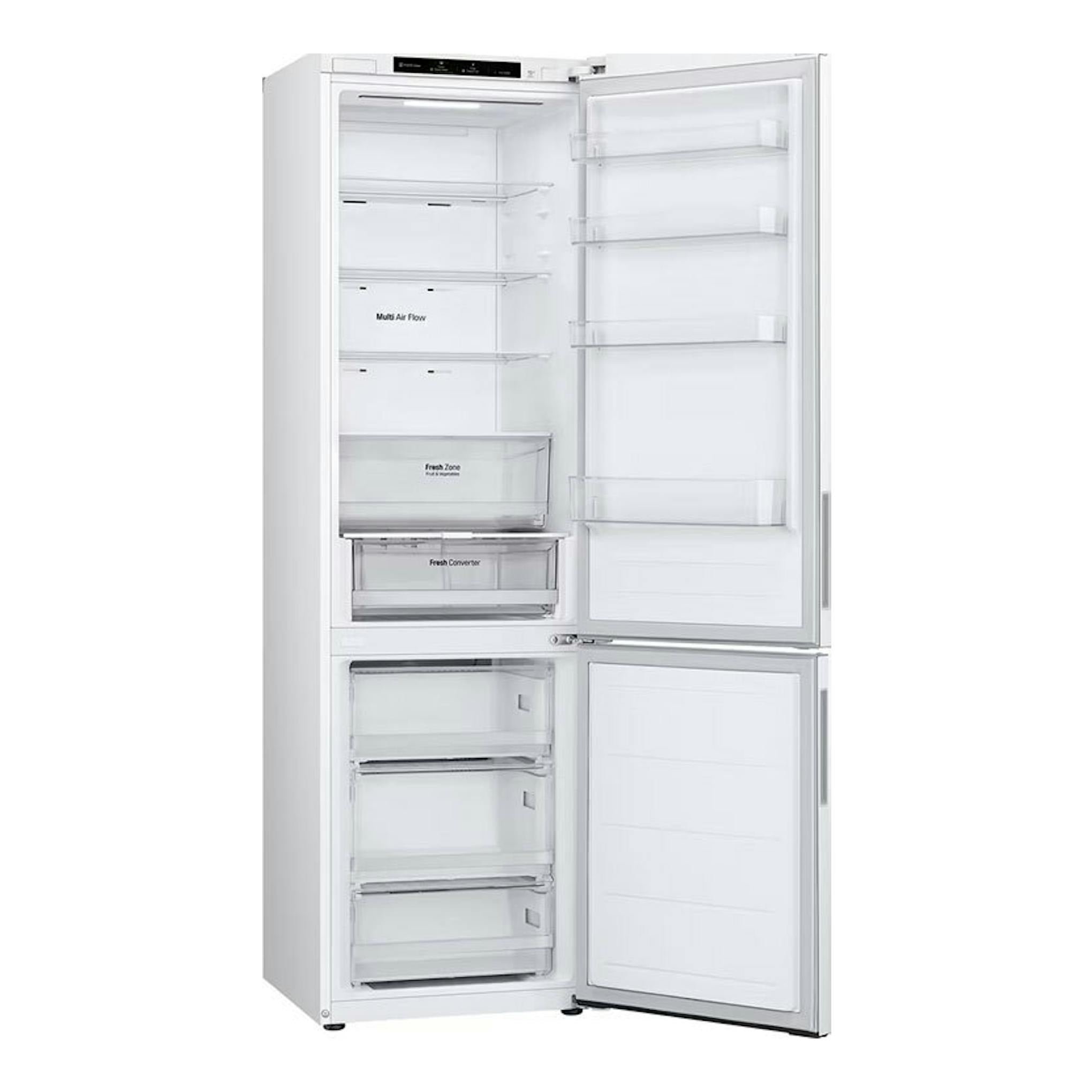 Frigorífico combi LG GBV21NCDSW blanco, vista frontal con puertas abiertas y compartimentos interiores visibles.