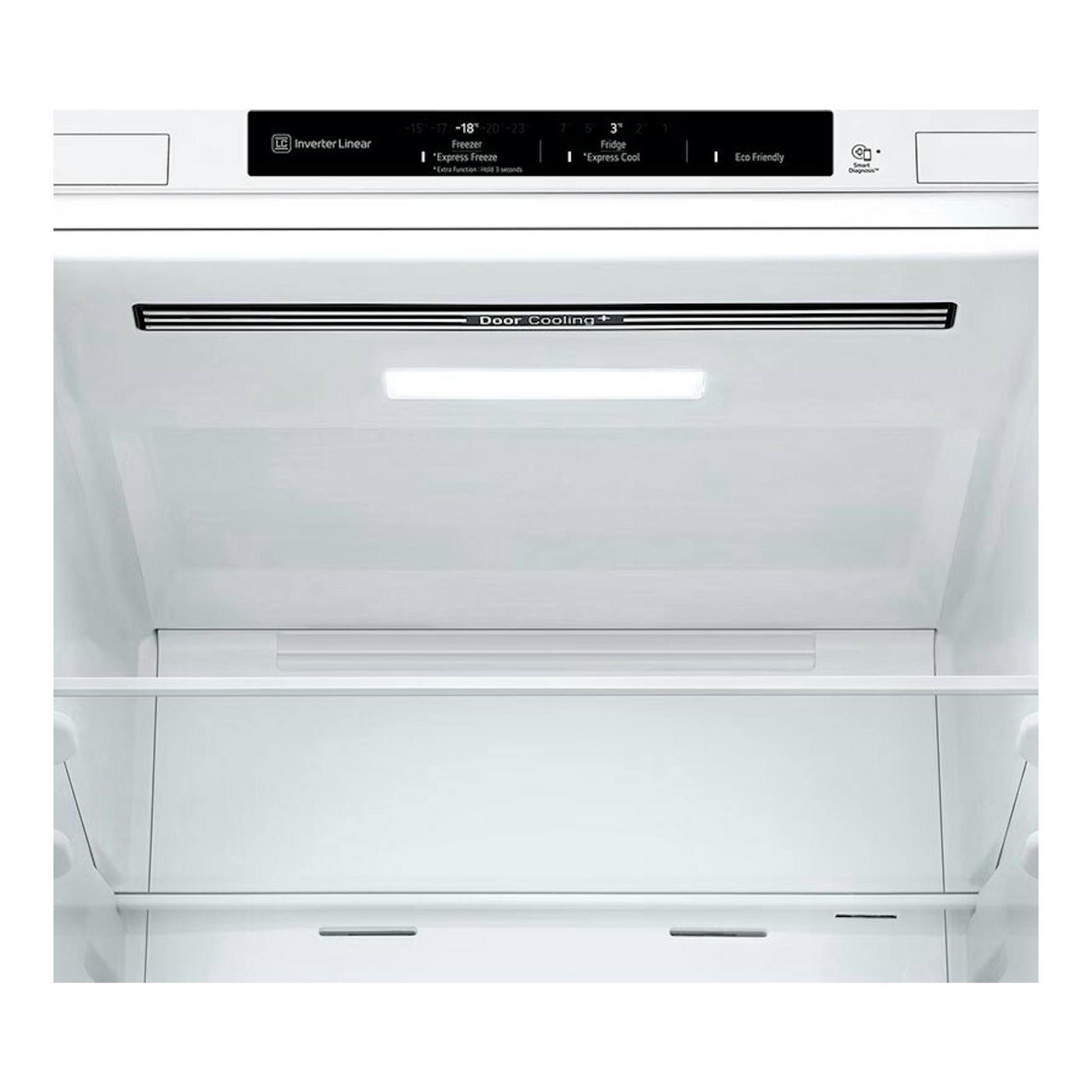 Interior de frigorífico combi LG GBV21NCDSW blanco, con panel superior y balda, vista frontal.