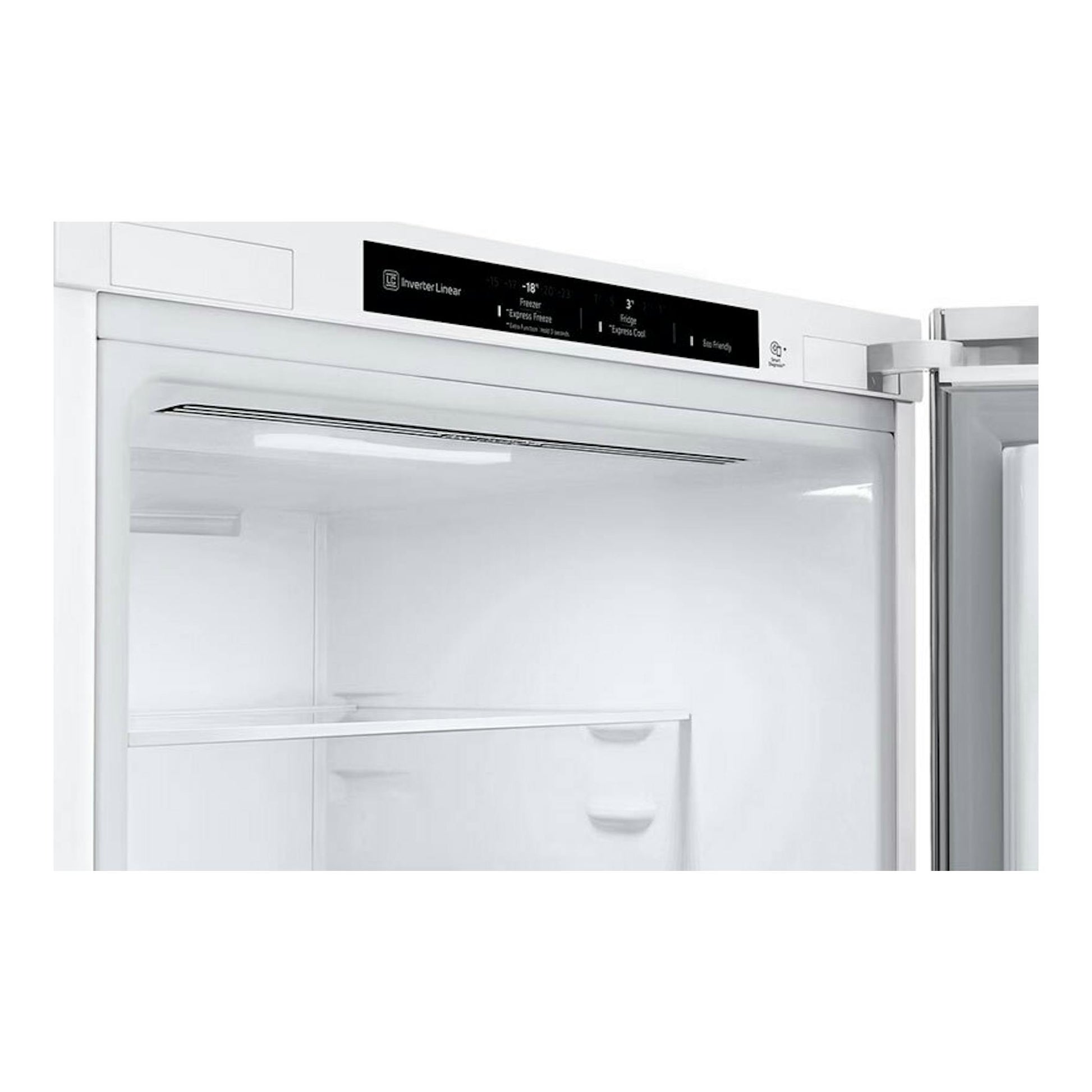 Frigorífico combi LG GBV21NCDSW blanco, vista frontal parcial con puerta abierta y panel superior visible.