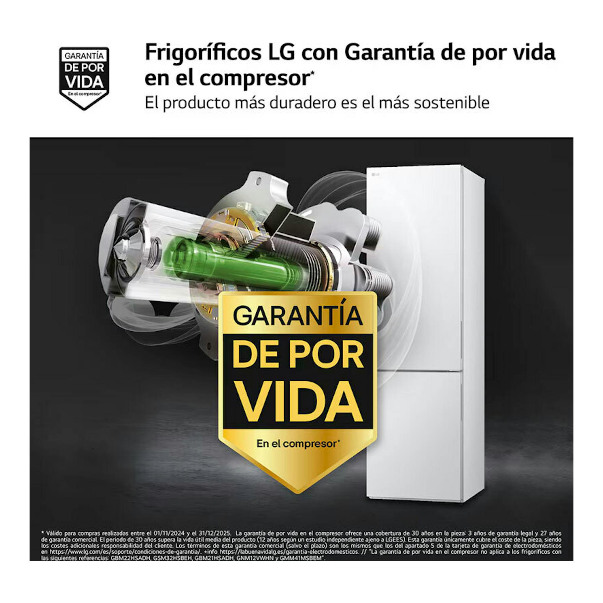 Frigorífico combi LG GBV21NCDSW blanco, vista frontal, con compresor y sello de garantía de por vida.