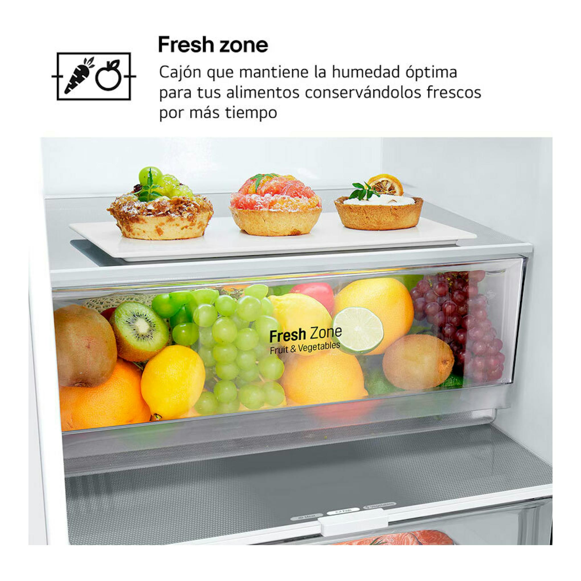 Vista frontal del cajón Fresh Zone de un frigorífico combi LG GBV22NCDSW blanco, con frutas y tartas.