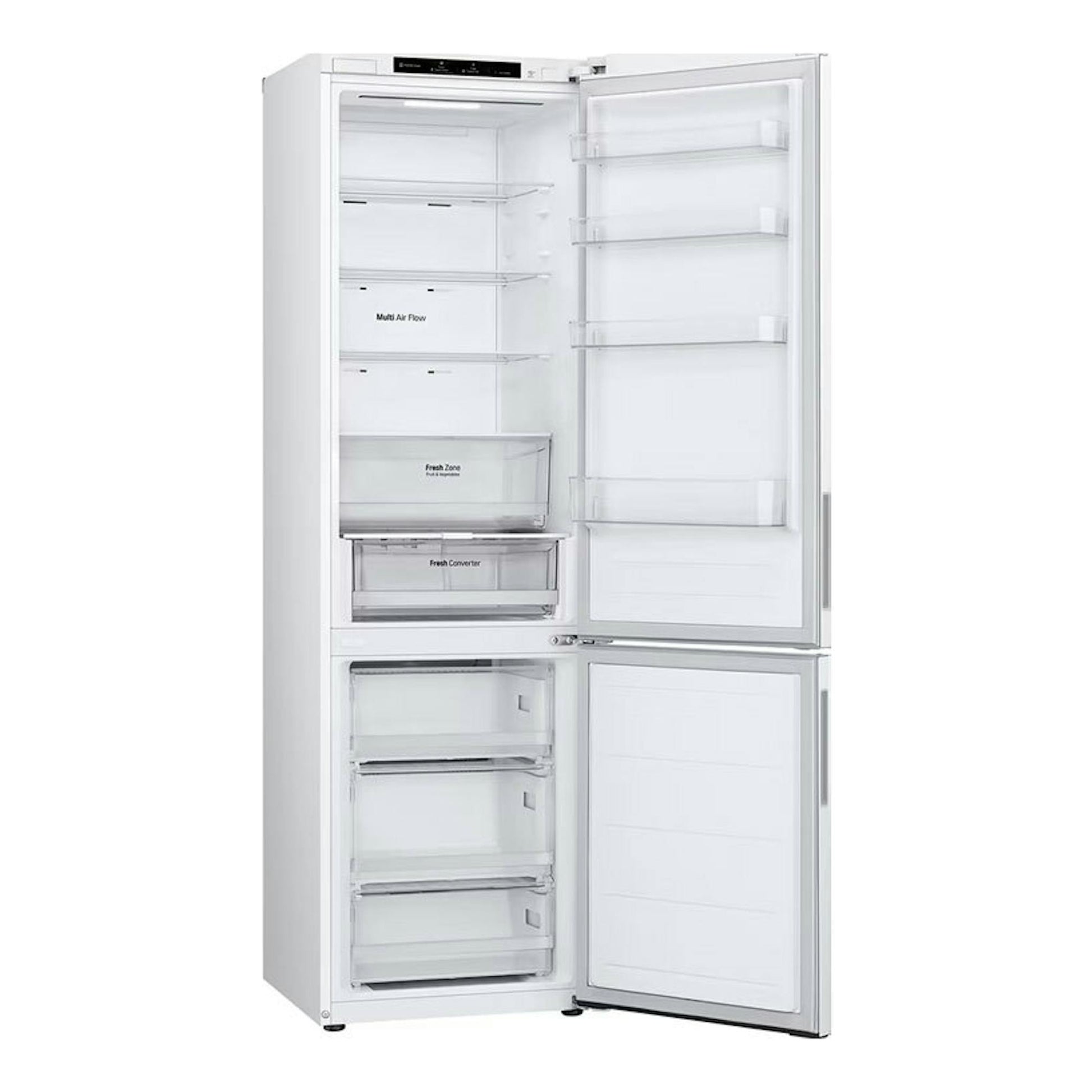 Frigorífico combi LG GBV22NCDSW blanco, vista frontal con puertas abiertas e interior visible.