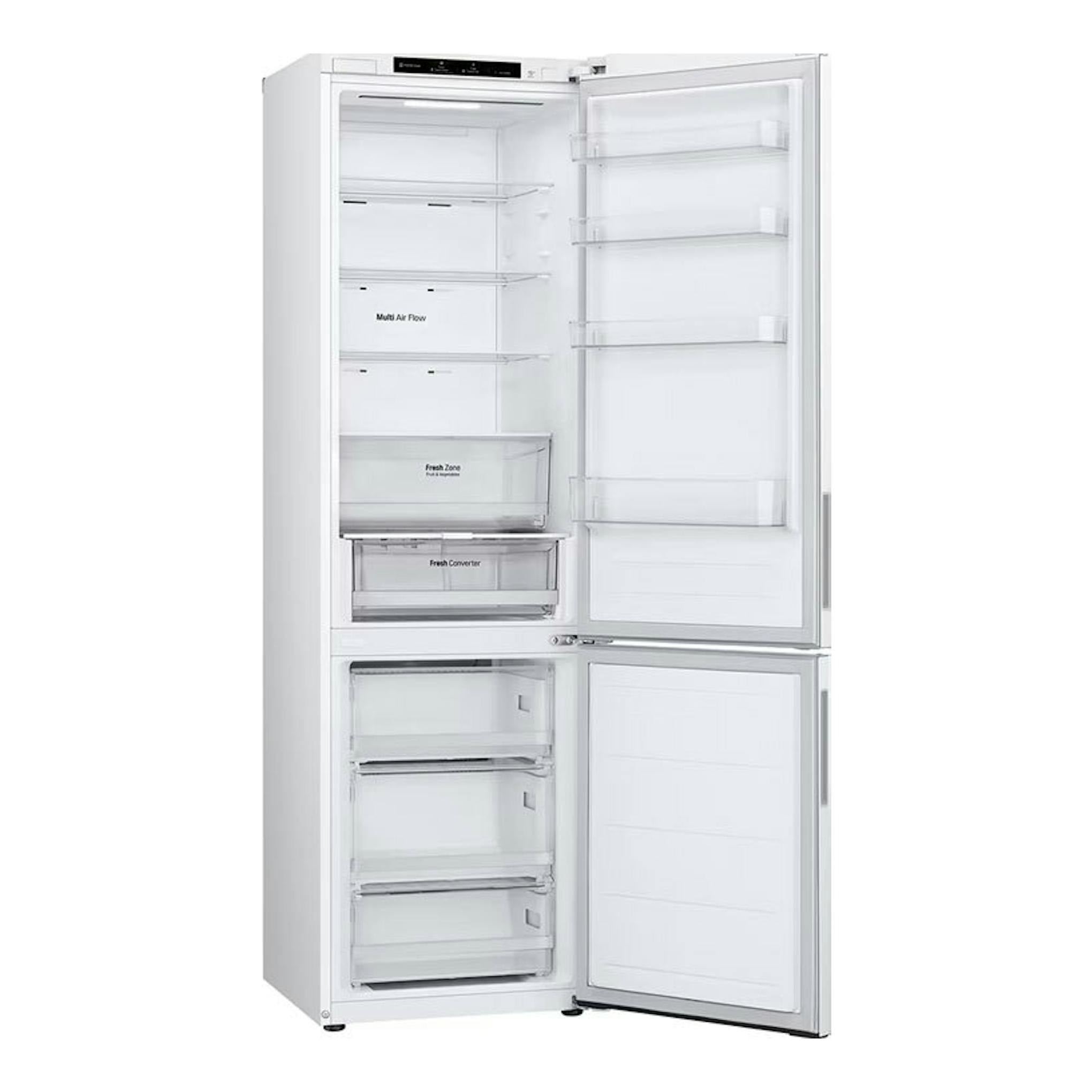 Frigorífico combi LG GBV22NCDSW blanco, vista frontal con puertas abiertas e interior visible.