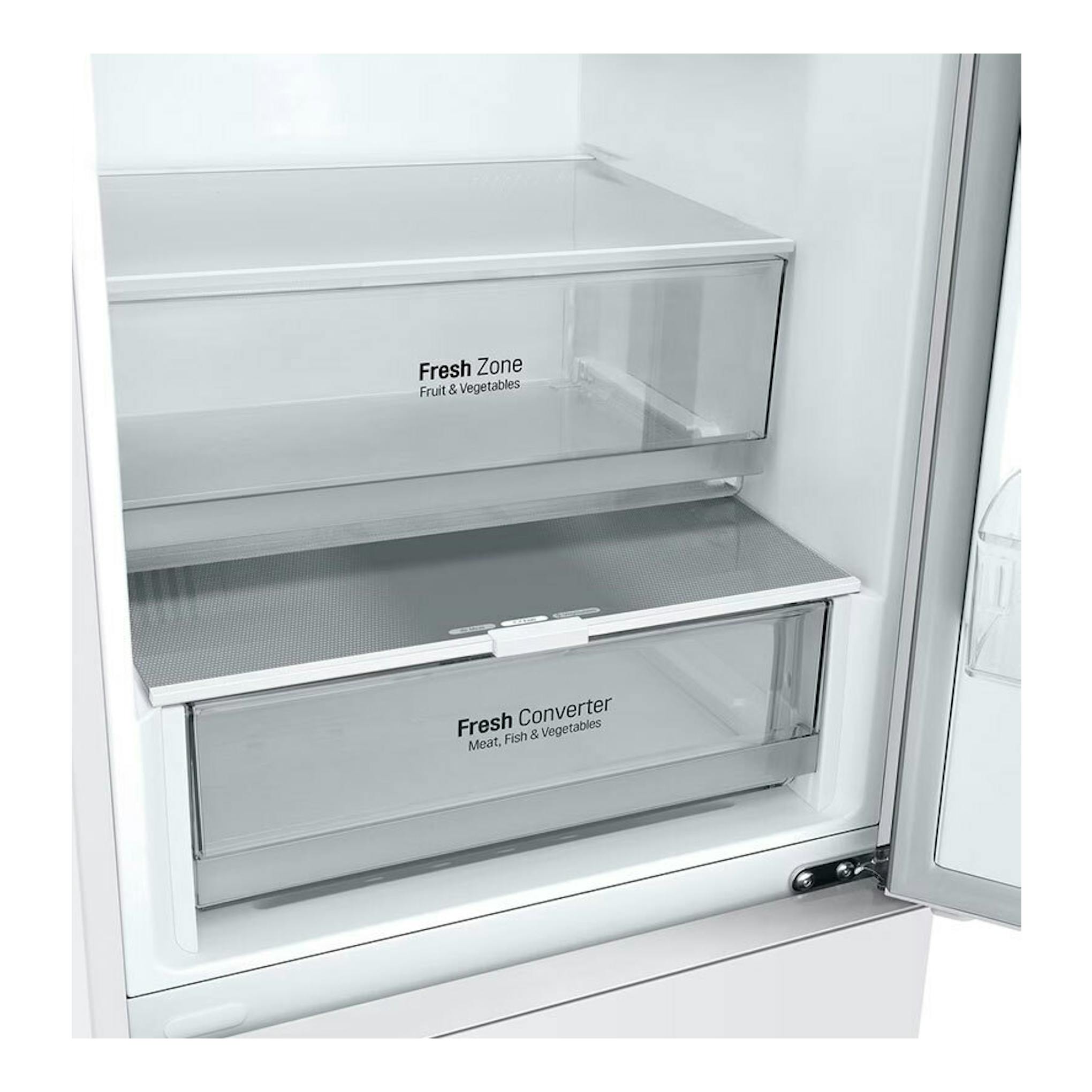 Interior de frigorífico combi LG GBV22NCDSW blanco, con cajones Fresh Zone y Fresh Converter.