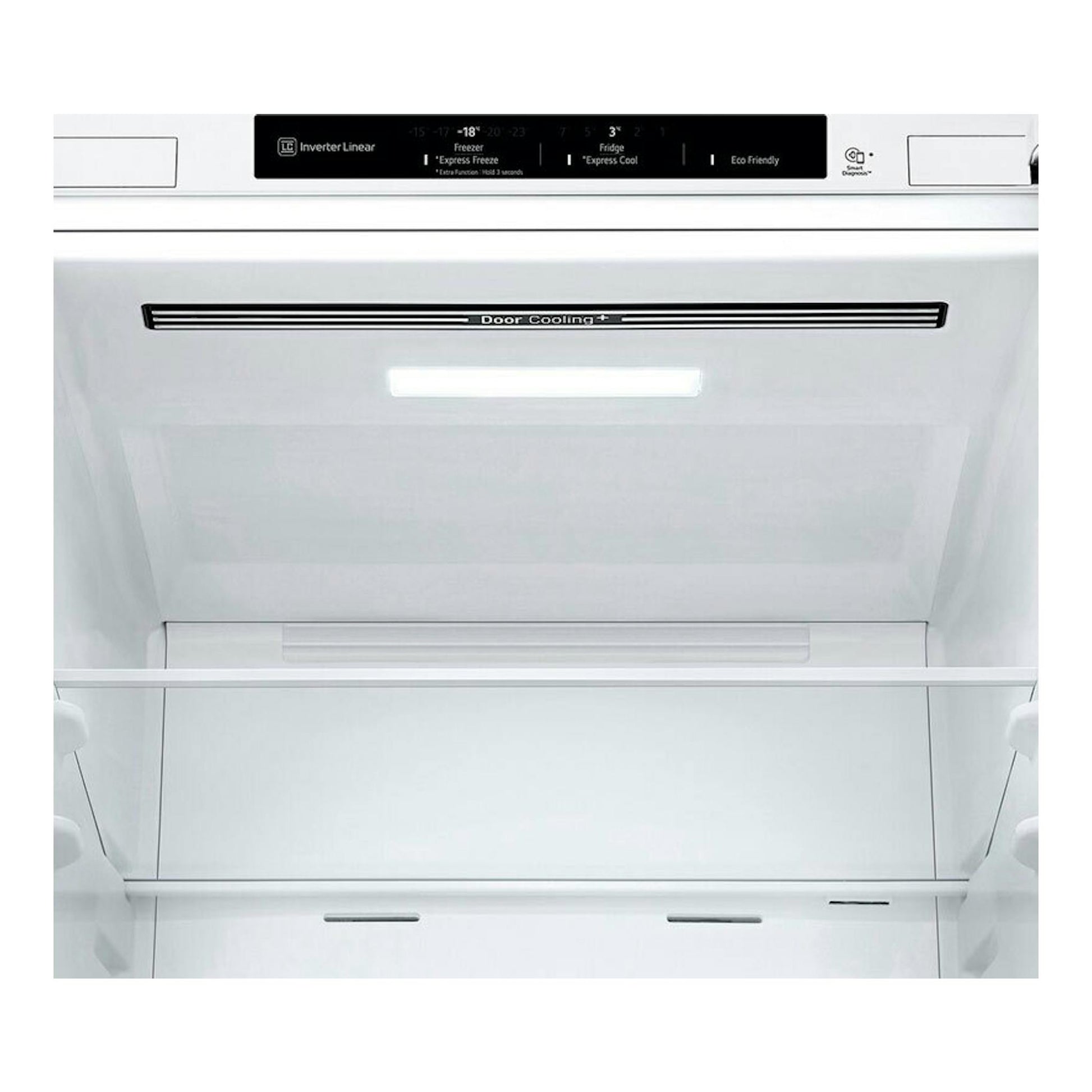 Interior de frigorífico combi LG GBV22NCDSW blanco, vista frontal del compartimento superior.