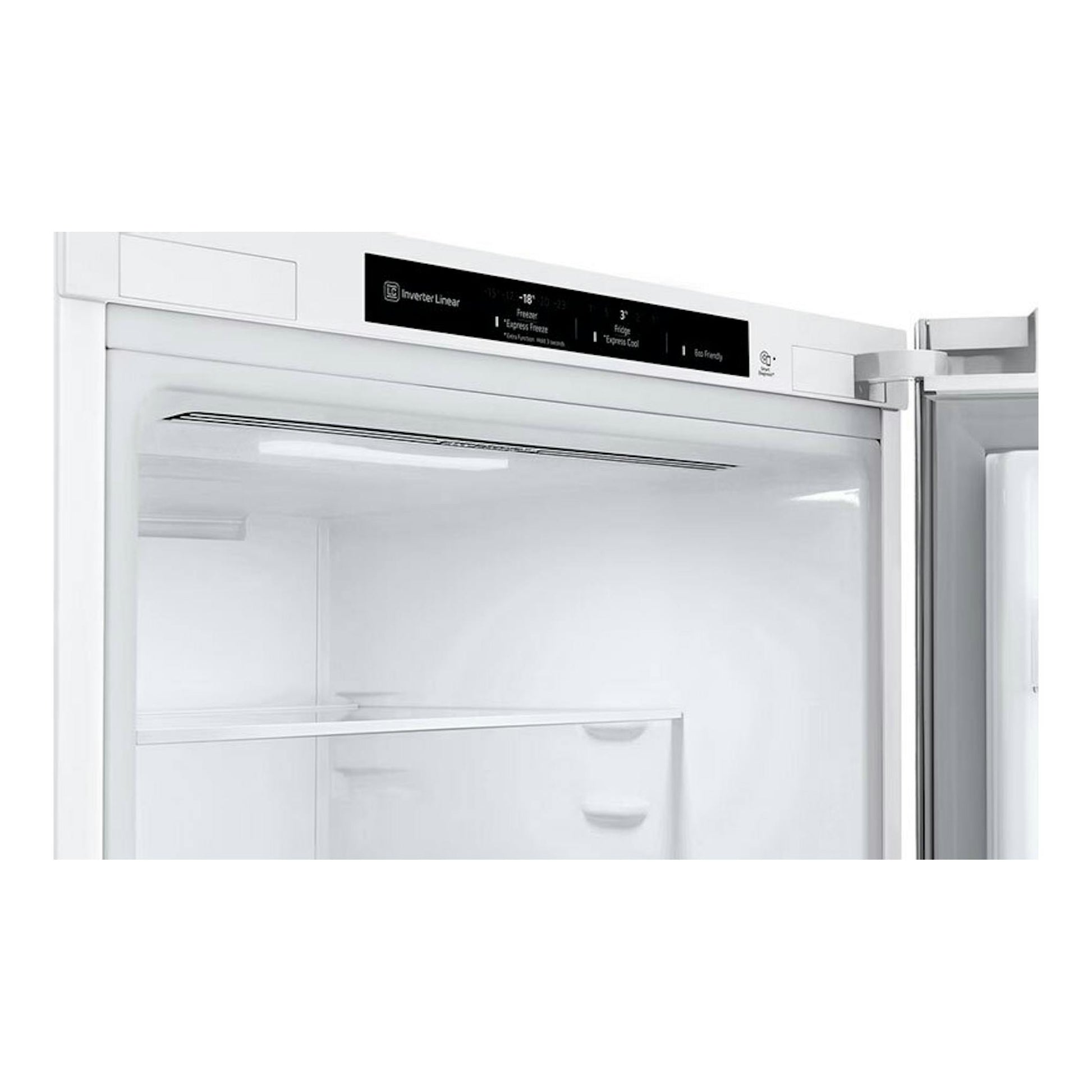 Frigorífico combi LG GBV22NCDSW blanco, vista frontal con la puerta abierta.