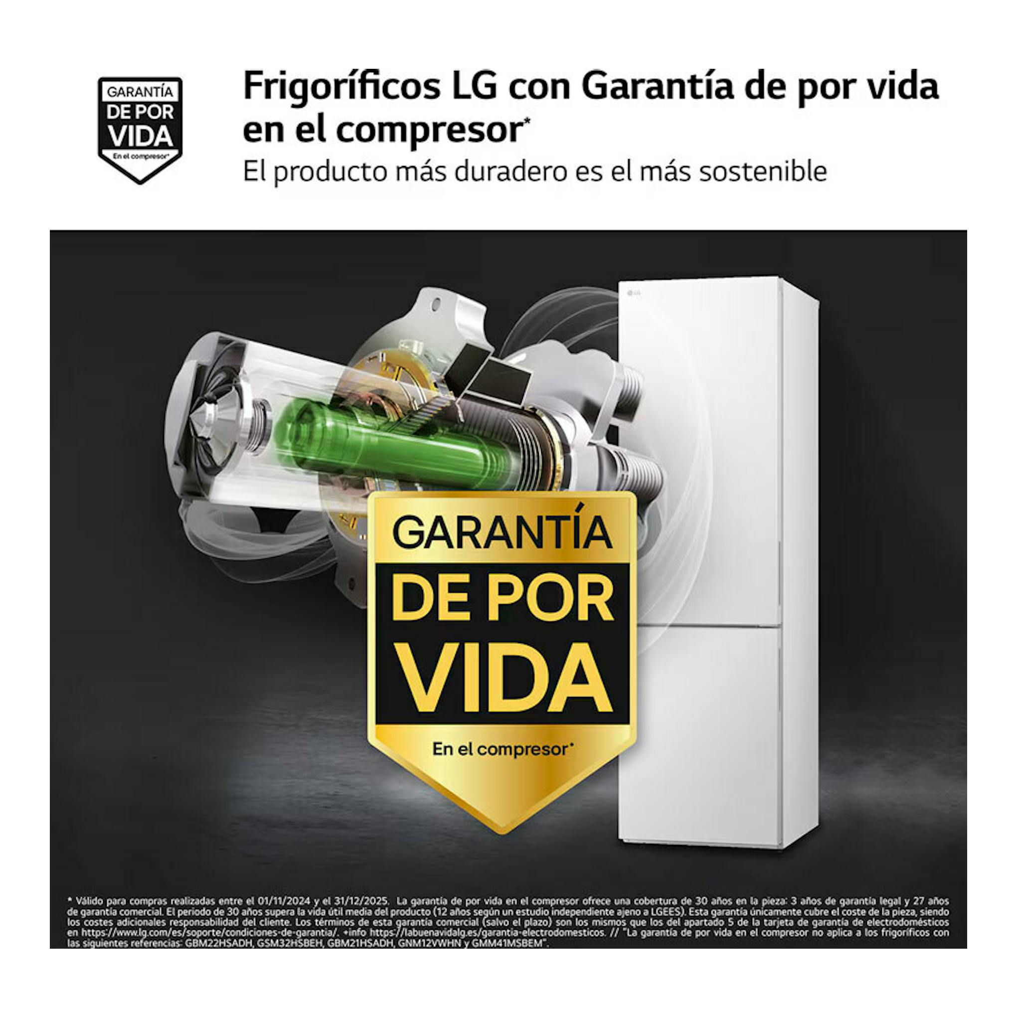 Frigorífico combi LG GBV22NCDSW blanco, vista frontal, con gráfico del compresor y sello de garantía.