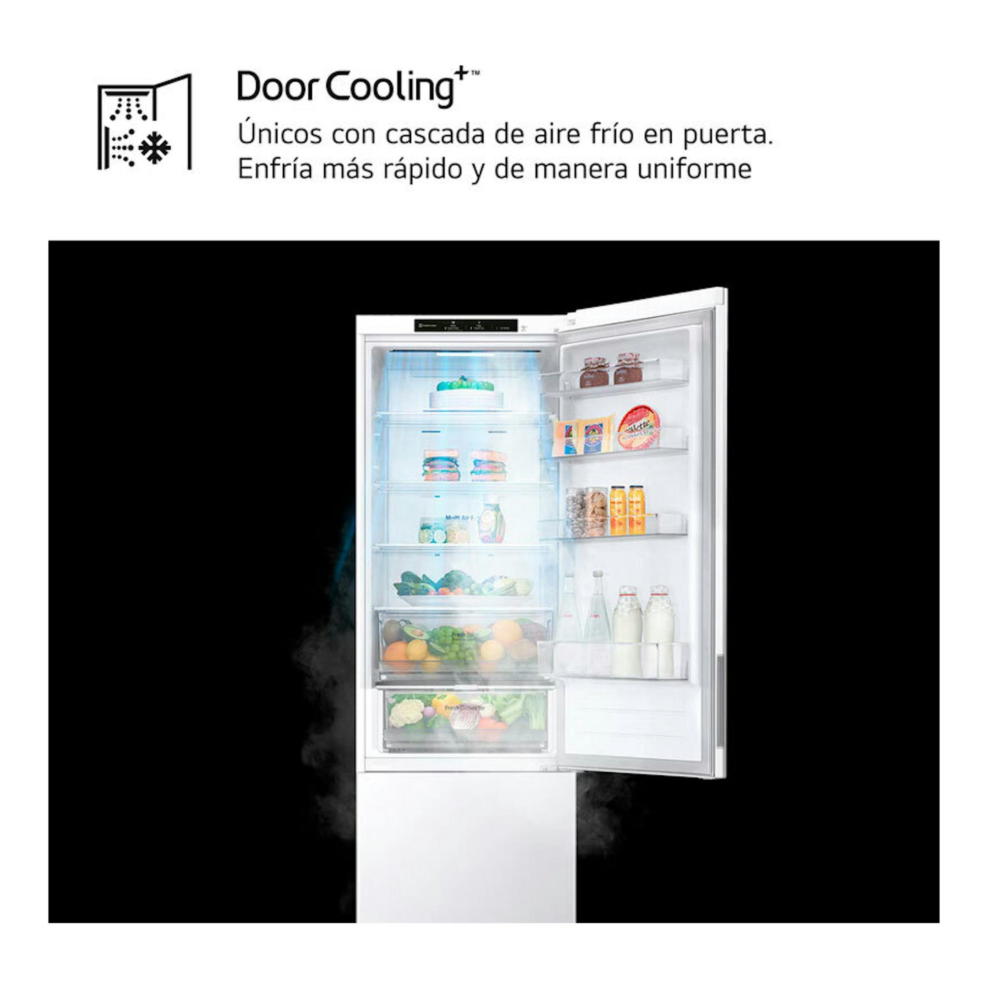 Frigorífico combi LG GBV22NCDSW blanco, vista frontal con puerta abierta y estantes visibles.
