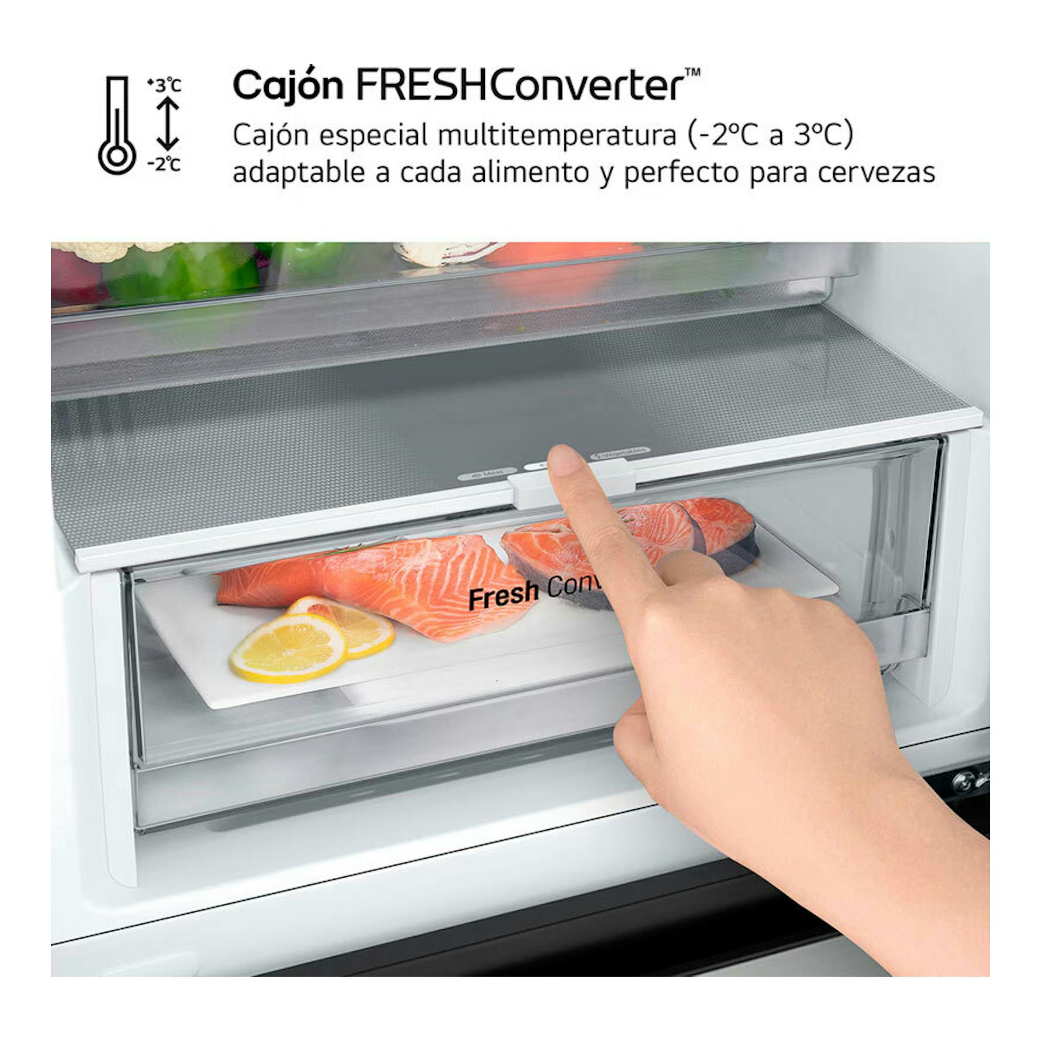 Frigorífico LG GBV3100APY Inox con cajón FreshConverter y mano ajustando temperatura.