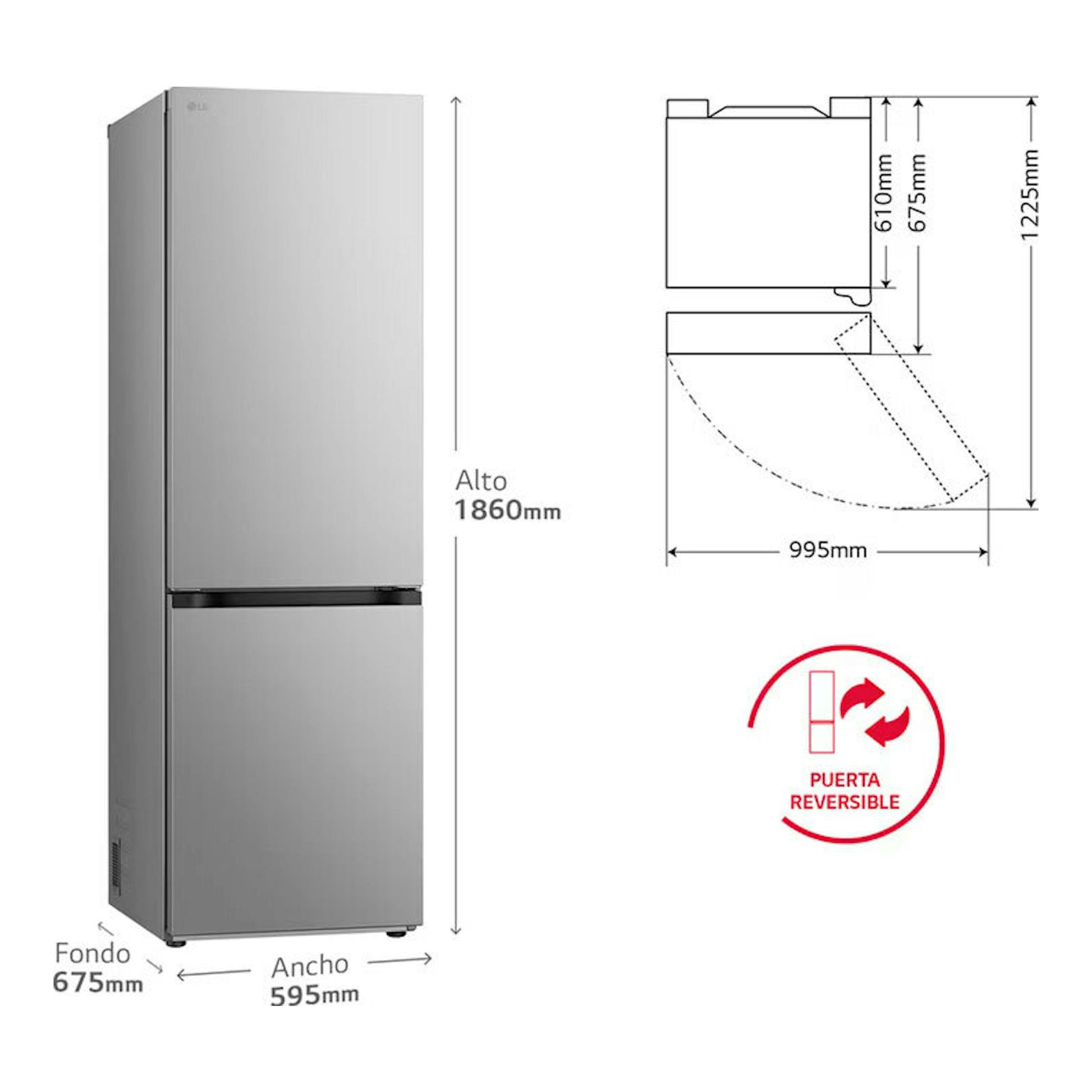 Frigorífico combi LG GBV3100APY inox, vista frontal, con esquema de medidas y puerta reversible.