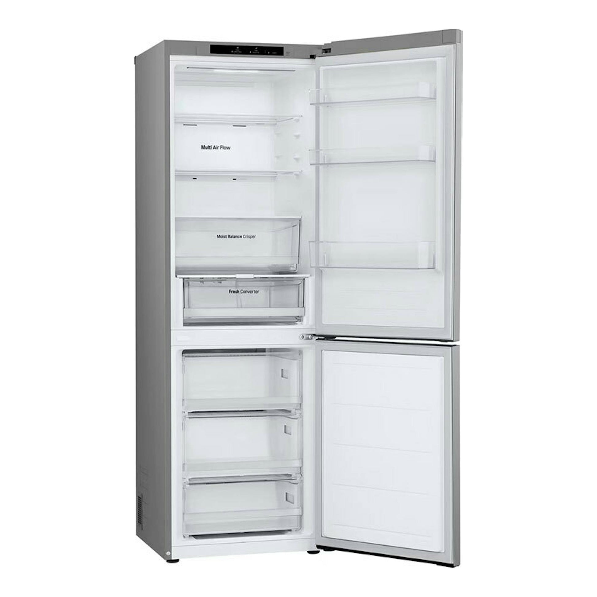 Frigorífico combi LG GBV3100APY inox, vista frontal con puertas abiertas y compartimentos interiores.