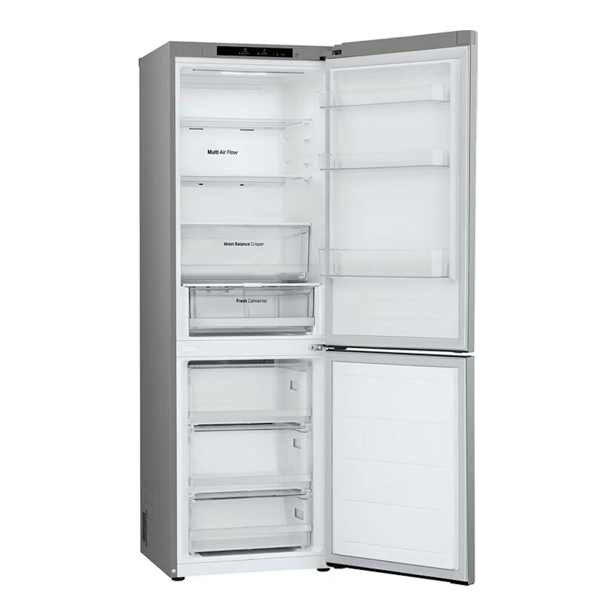 Frigorífico combi LG GBV3100APY inox, vista frontal con puertas abiertas y compartimentos interiores.