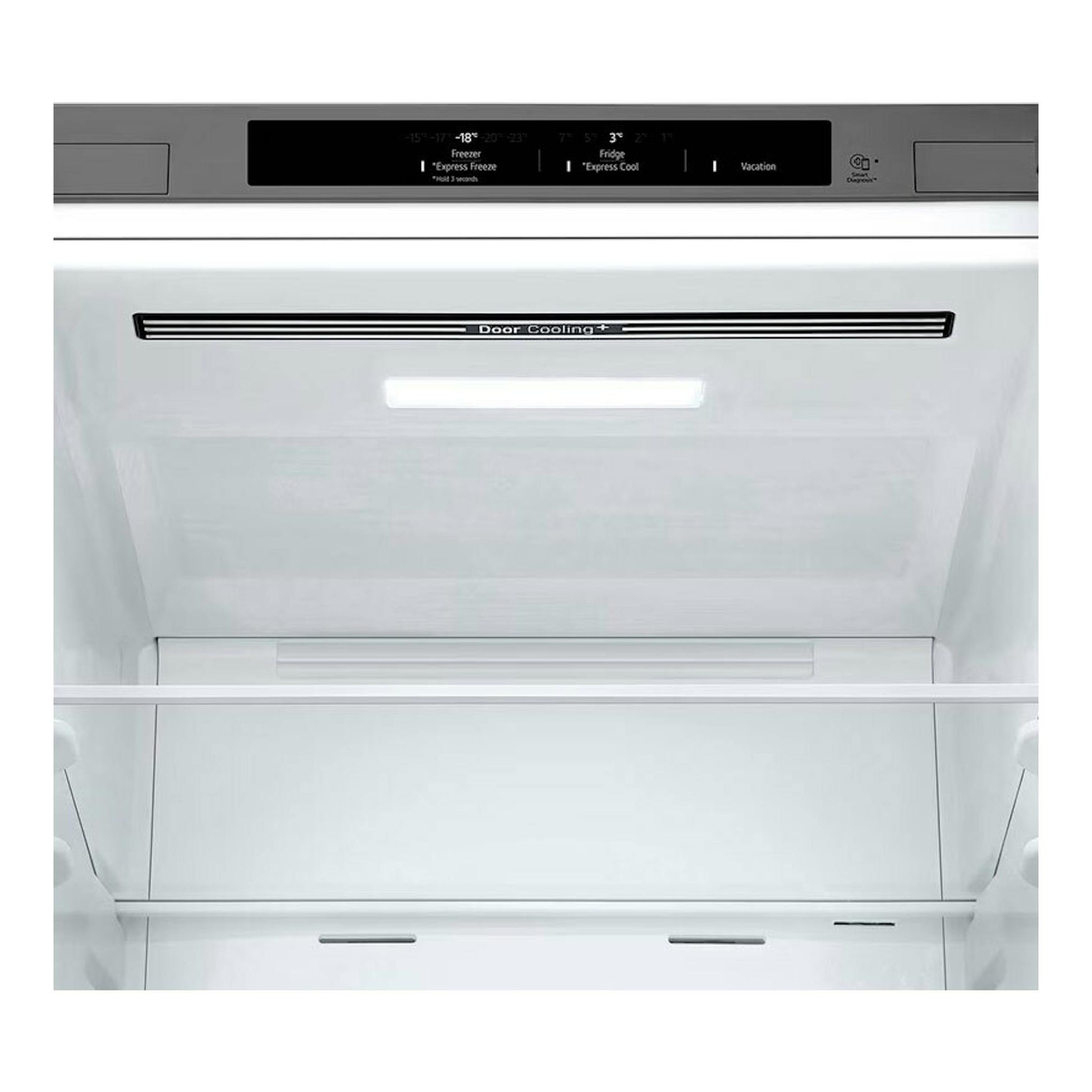 Interior de frigorífico combi LG GBV3100APY inox, vista frontal del compartimento con balda y luz.
